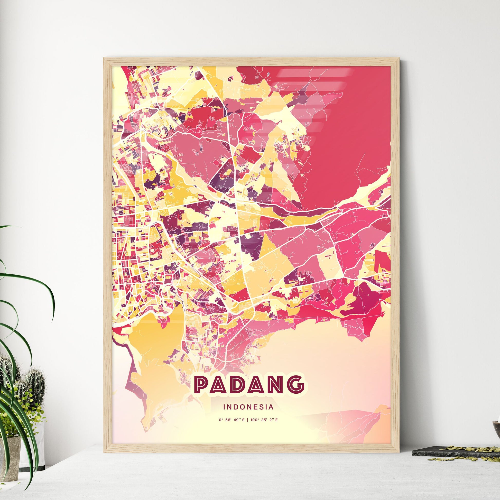 Colorful PADANG INDONESIA Fine Art Map Hot Red