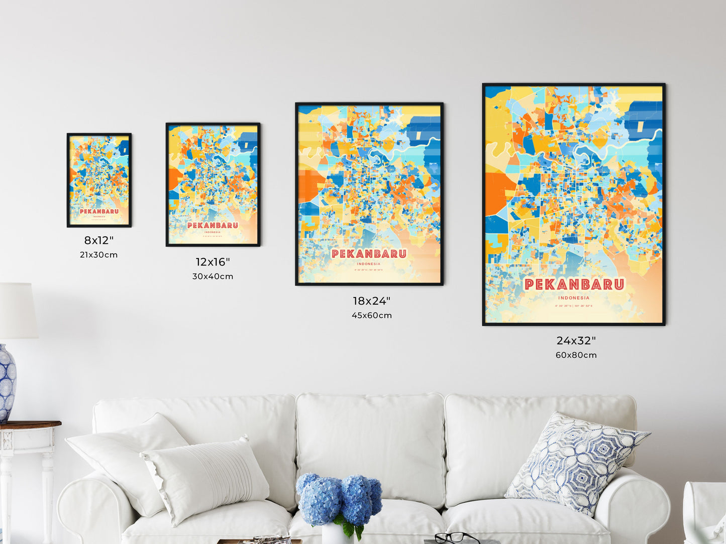 Colorful PEKANBARU INDONESIA Fine Art Map Blue Orange