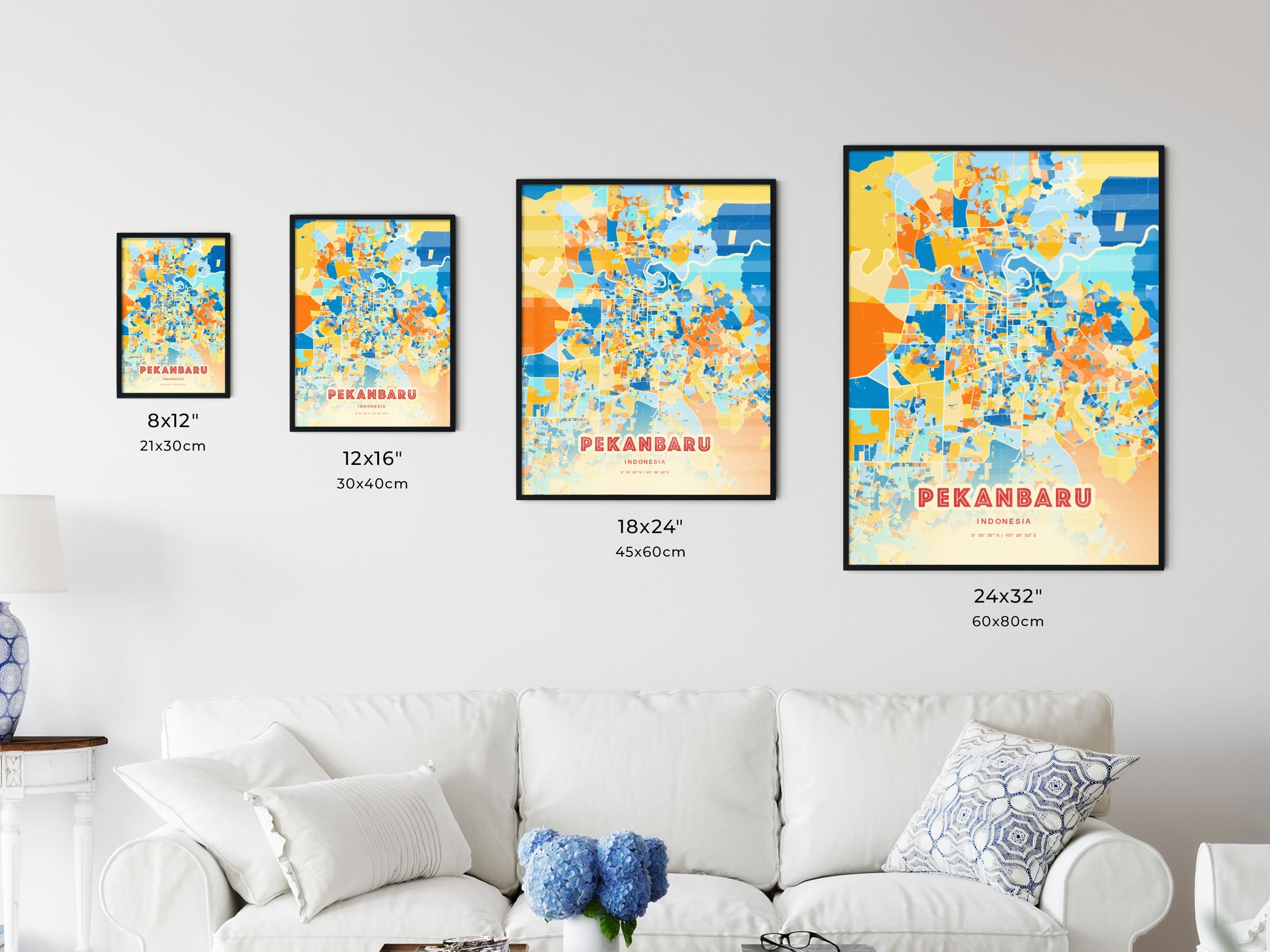 Colorful PEKANBARU INDONESIA Fine Art Map Blue Orange