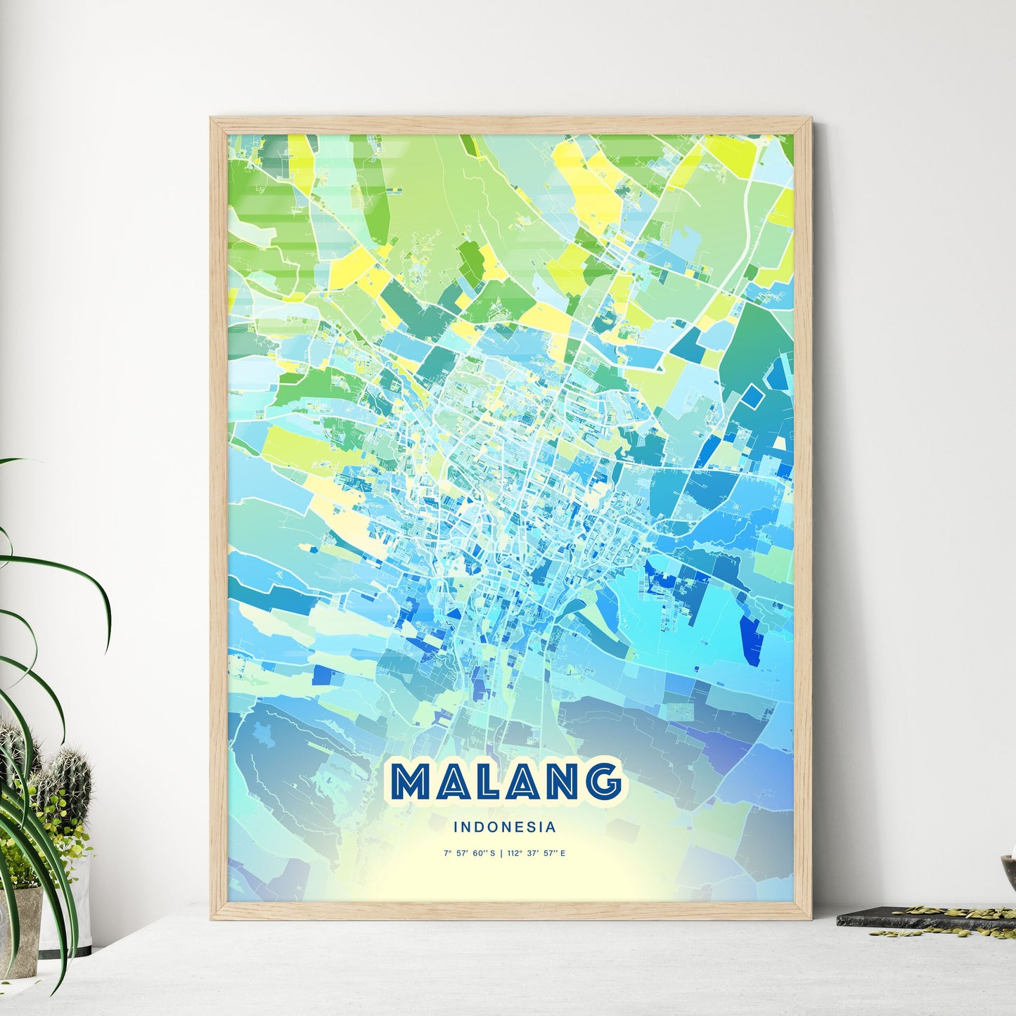 Colorful MALANG INDONESIA Fine Art Map Cool Blue