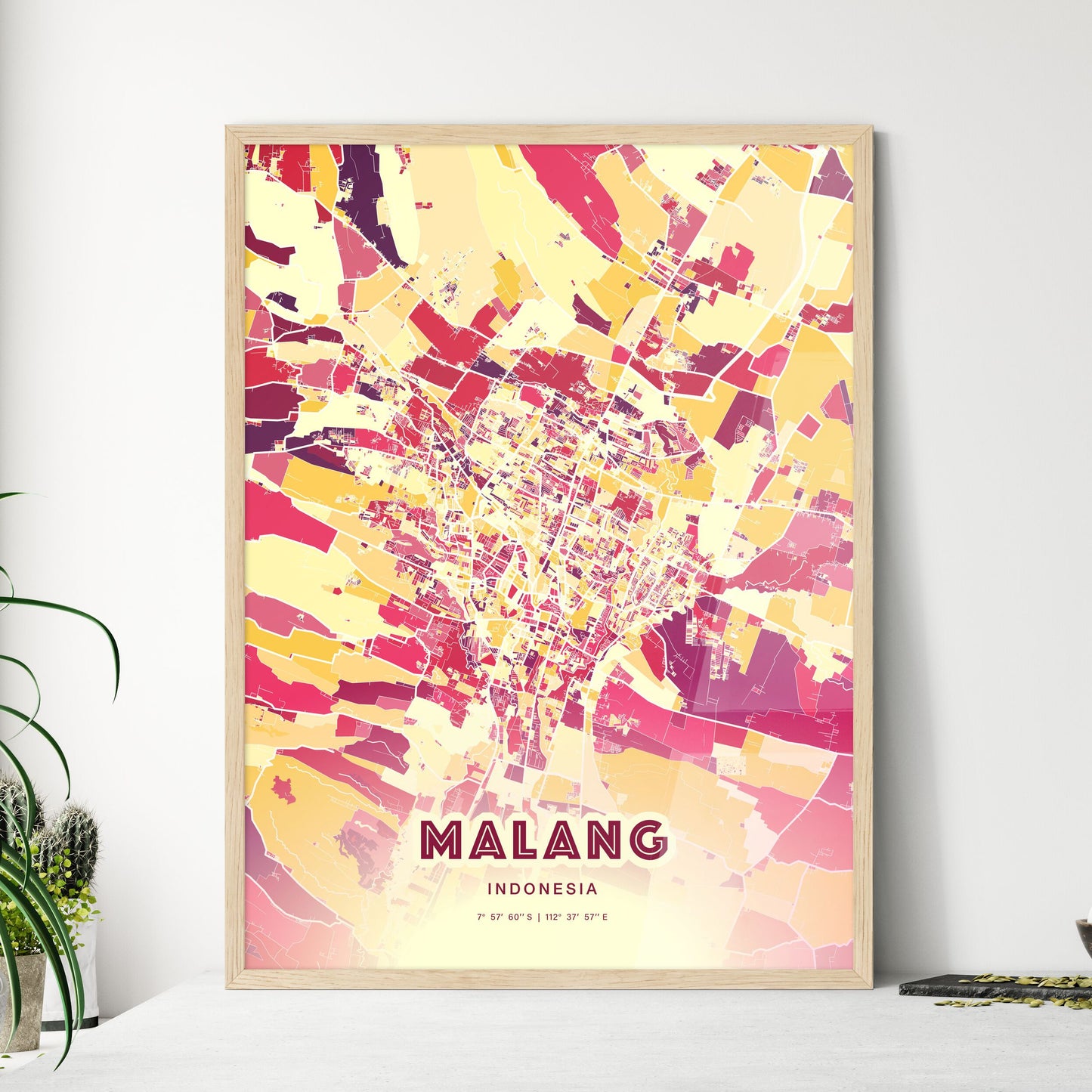 Colorful MALANG INDONESIA Fine Art Map Hot Red