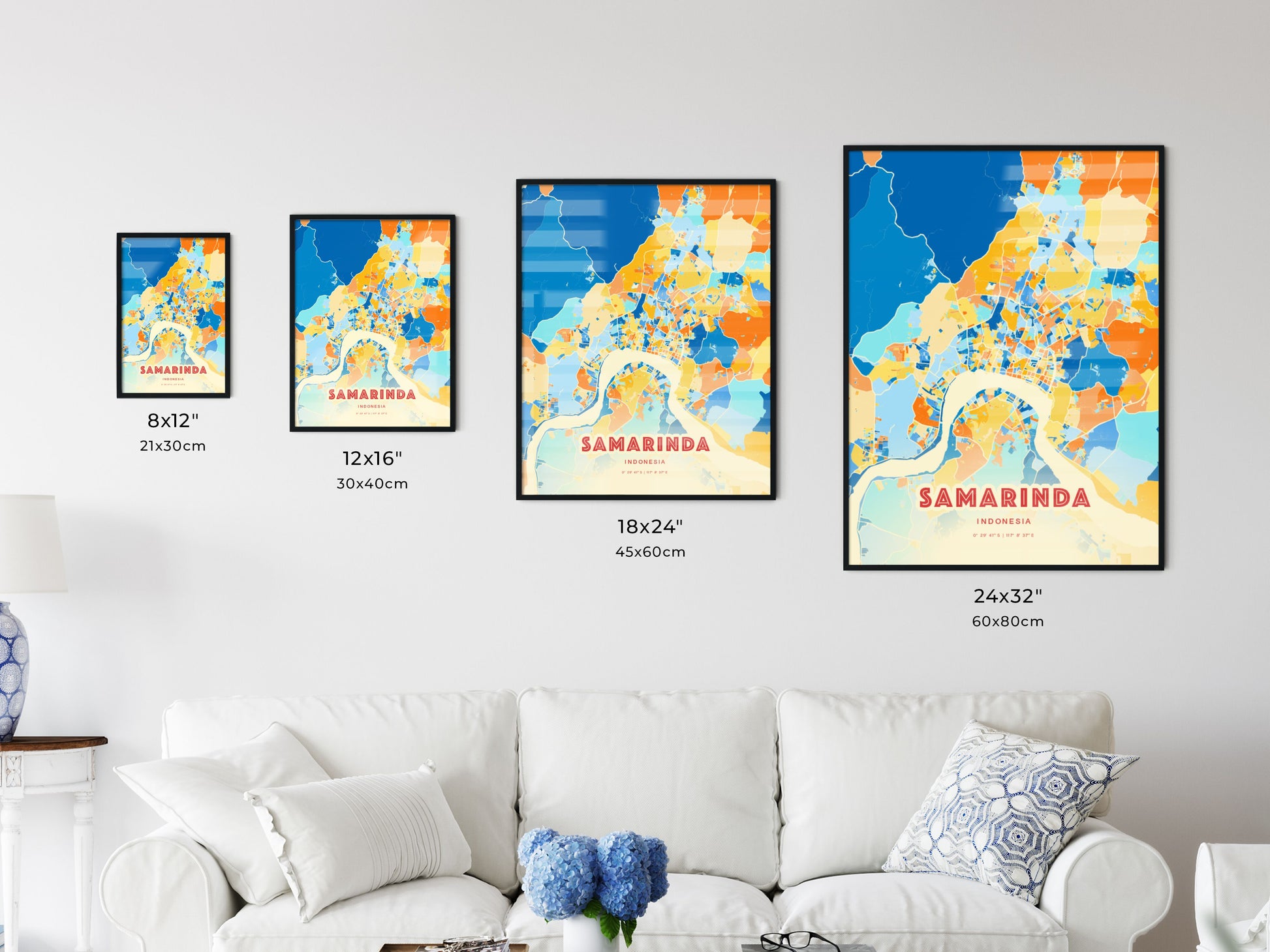 Colorful SAMARINDA INDONESIA Fine Art Map Blue Orange