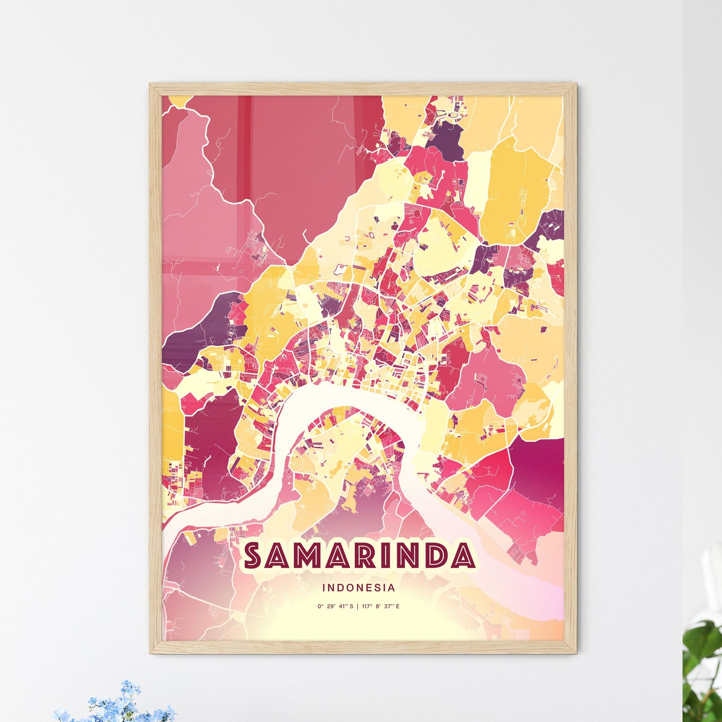 Colorful SAMARINDA INDONESIA Fine Art Map Hot Red