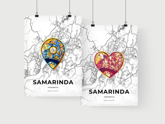 SAMARINDA INDONESIA minimal art map with a colorful icon. Where it all began, Couple map gift.