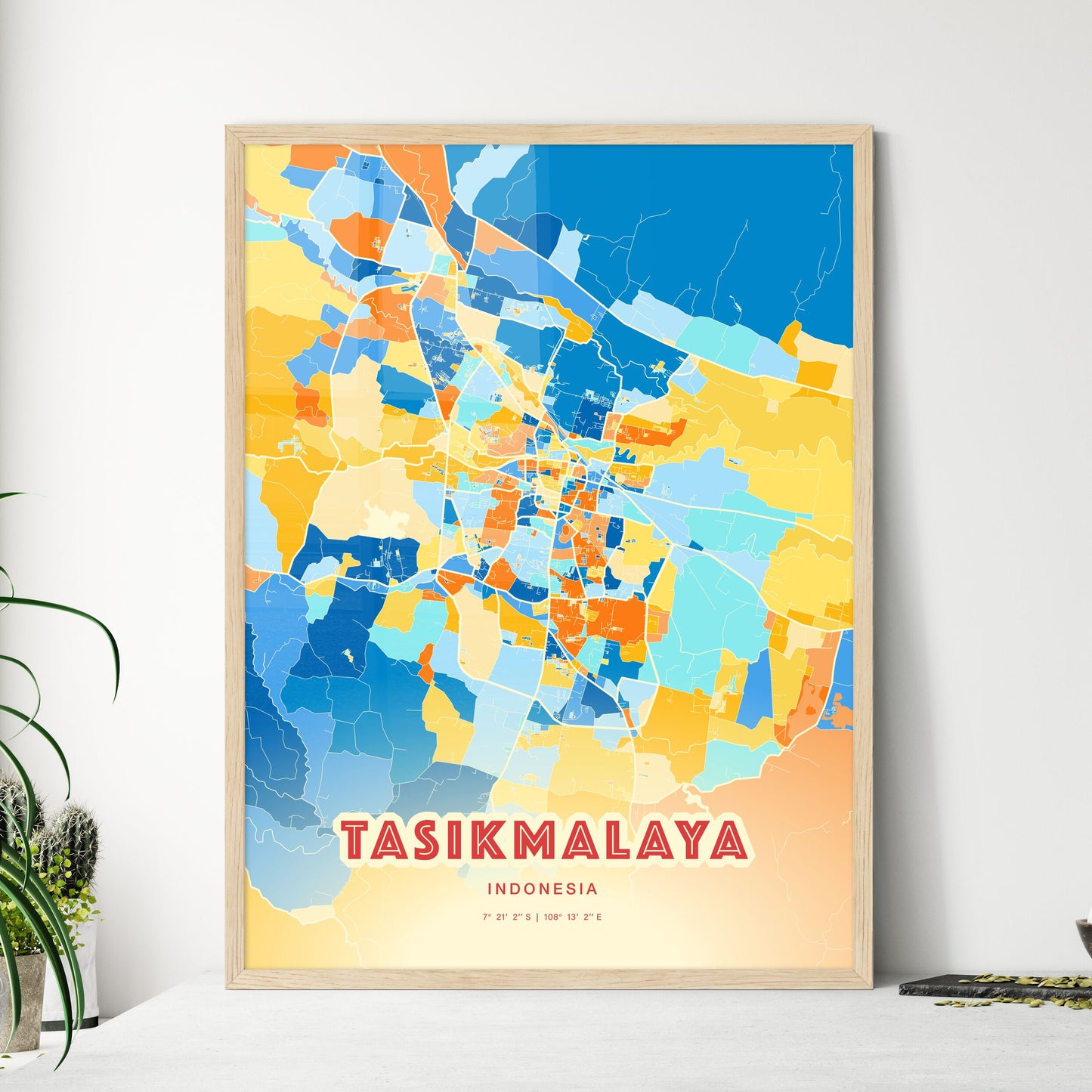 Colorful TASIKMALAYA INDONESIA Fine Art Map Blue Orange