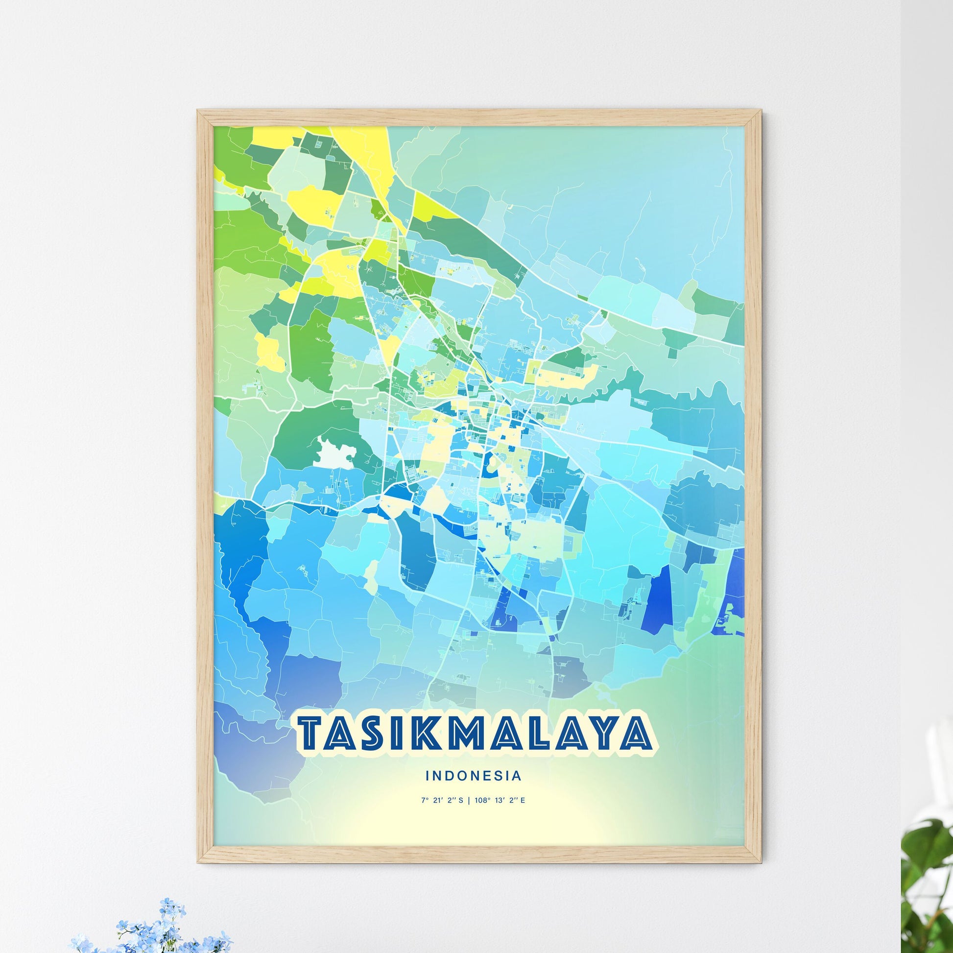 Colorful TASIKMALAYA INDONESIA Fine Art Map Cool Blue