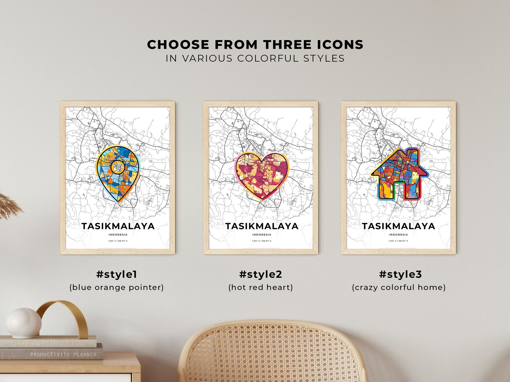 TASIKMALAYA INDONESIA minimal art map with a colorful icon.