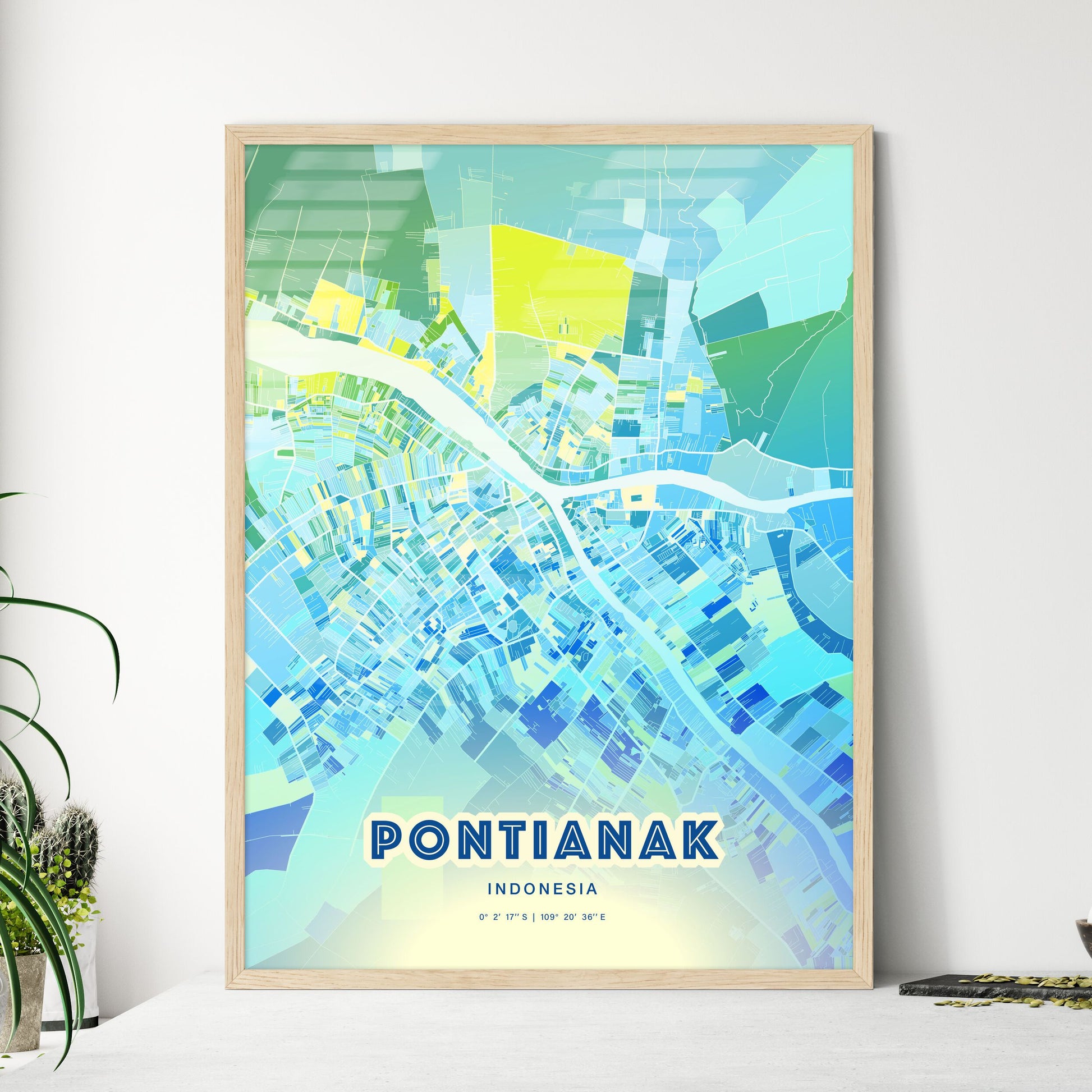 Colorful PONTIANAK INDONESIA Fine Art Map Cool Blue