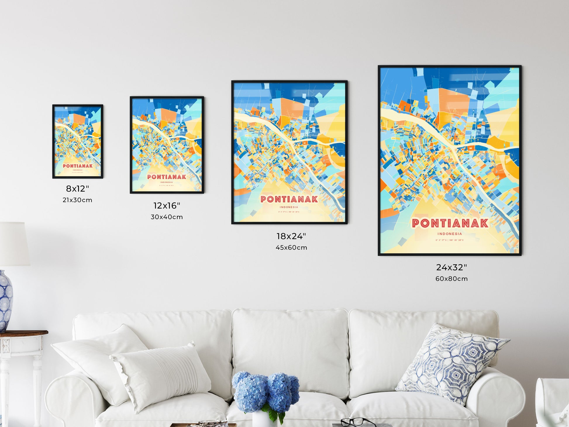 Colorful PONTIANAK INDONESIA Fine Art Map Blue Orange