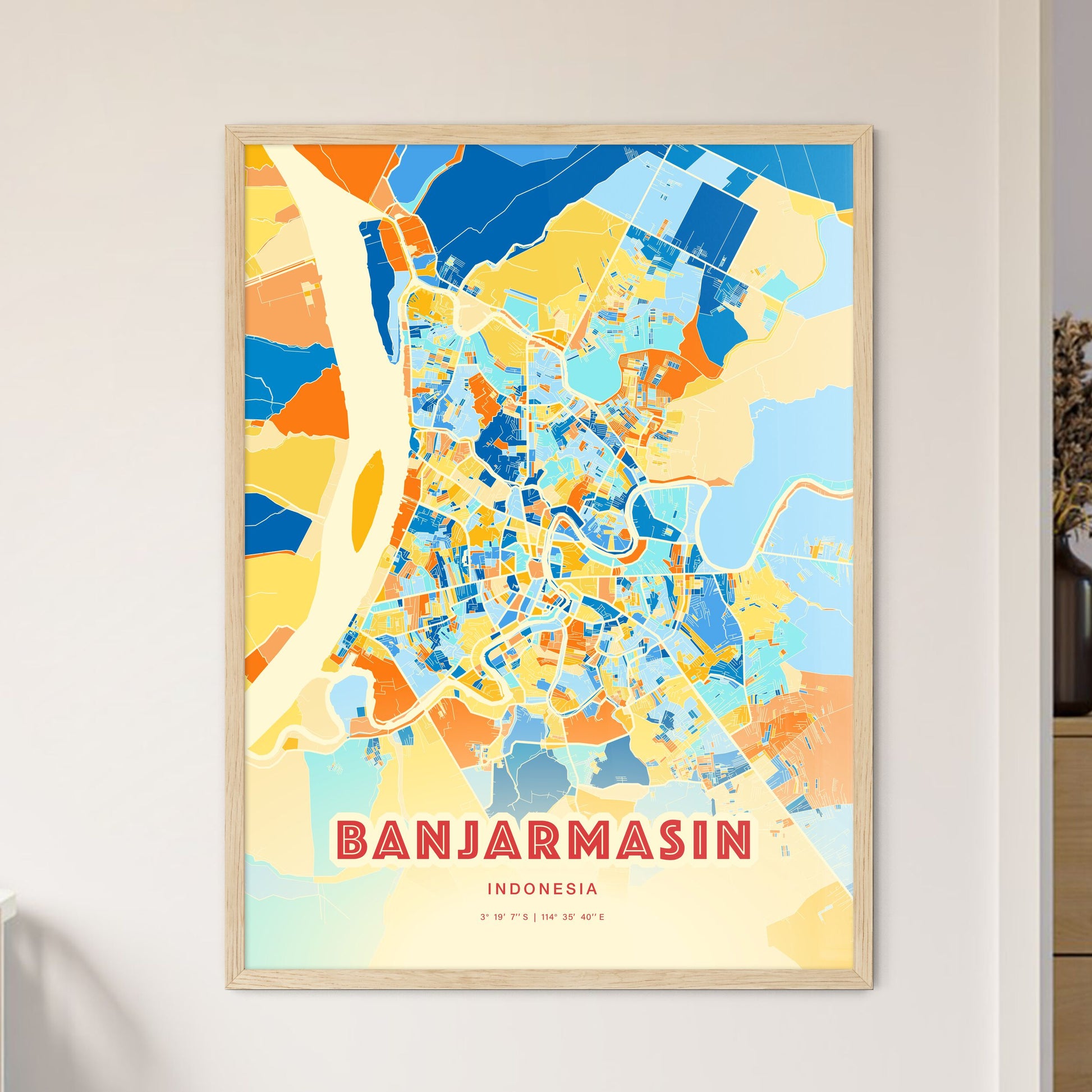 Colorful BANJARMASIN INDONESIA Fine Art Map Blue Orange