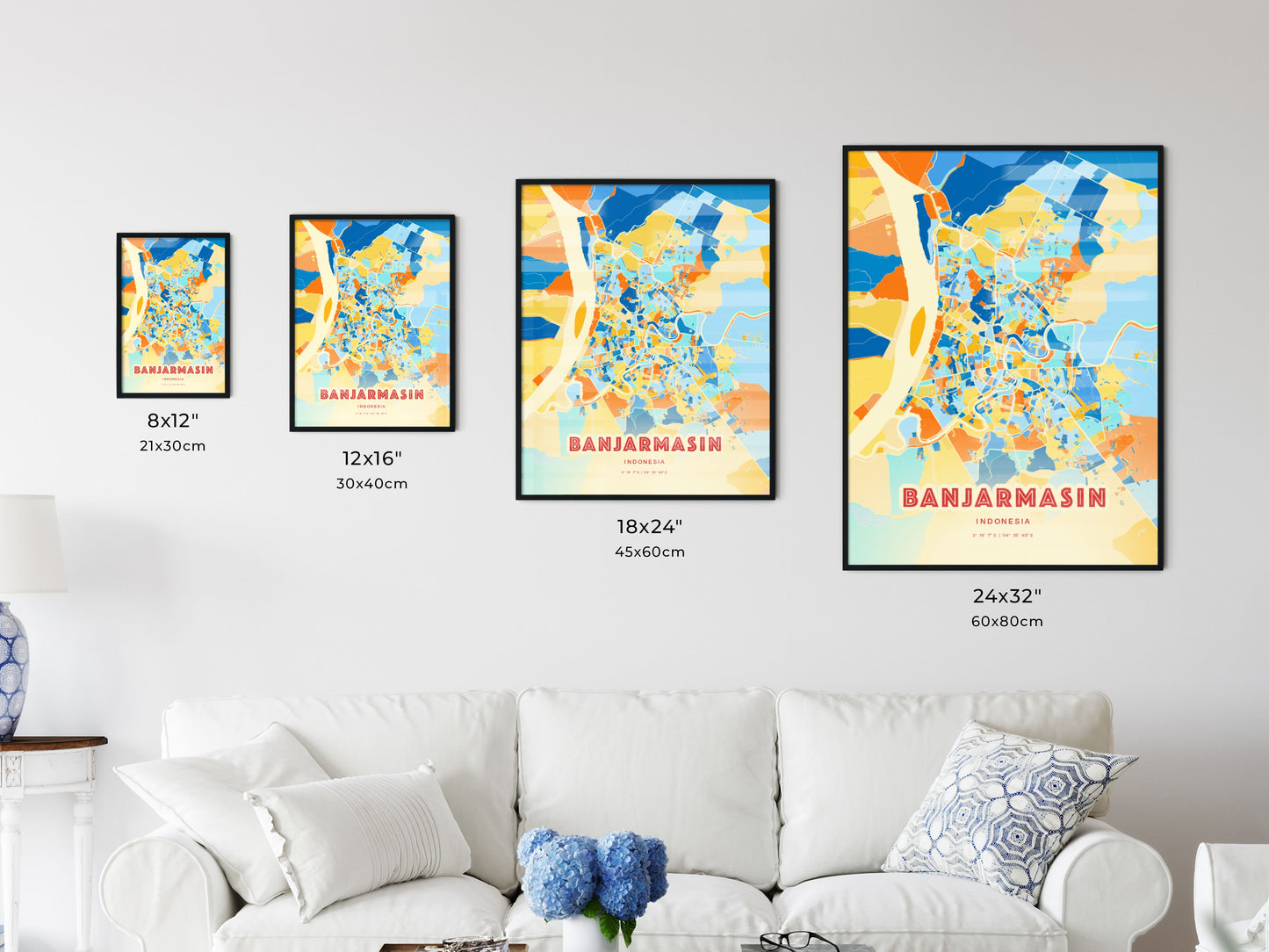 Colorful BANJARMASIN INDONESIA Fine Art Map Blue Orange