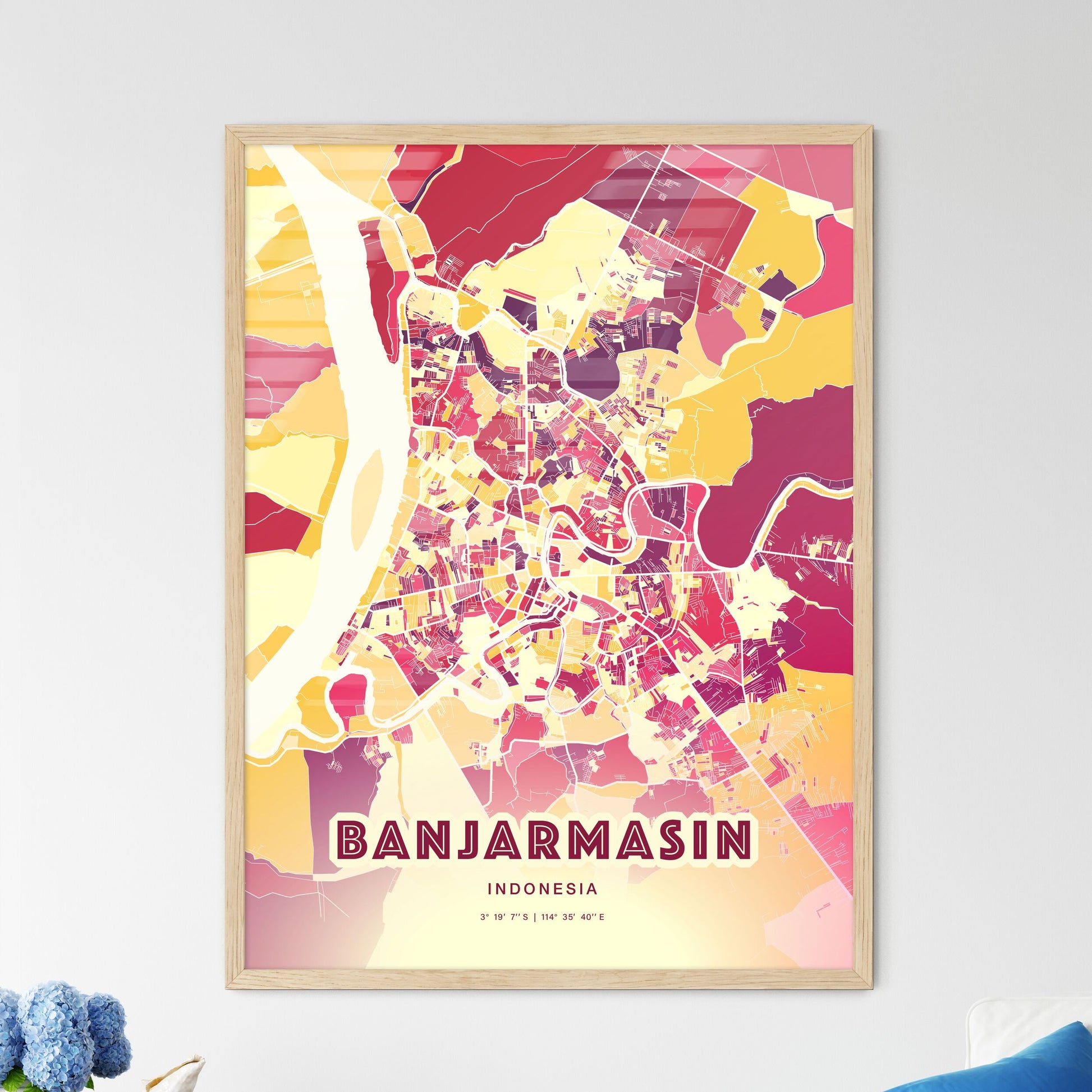 Colorful BANJARMASIN INDONESIA Fine Art Map Hot Red