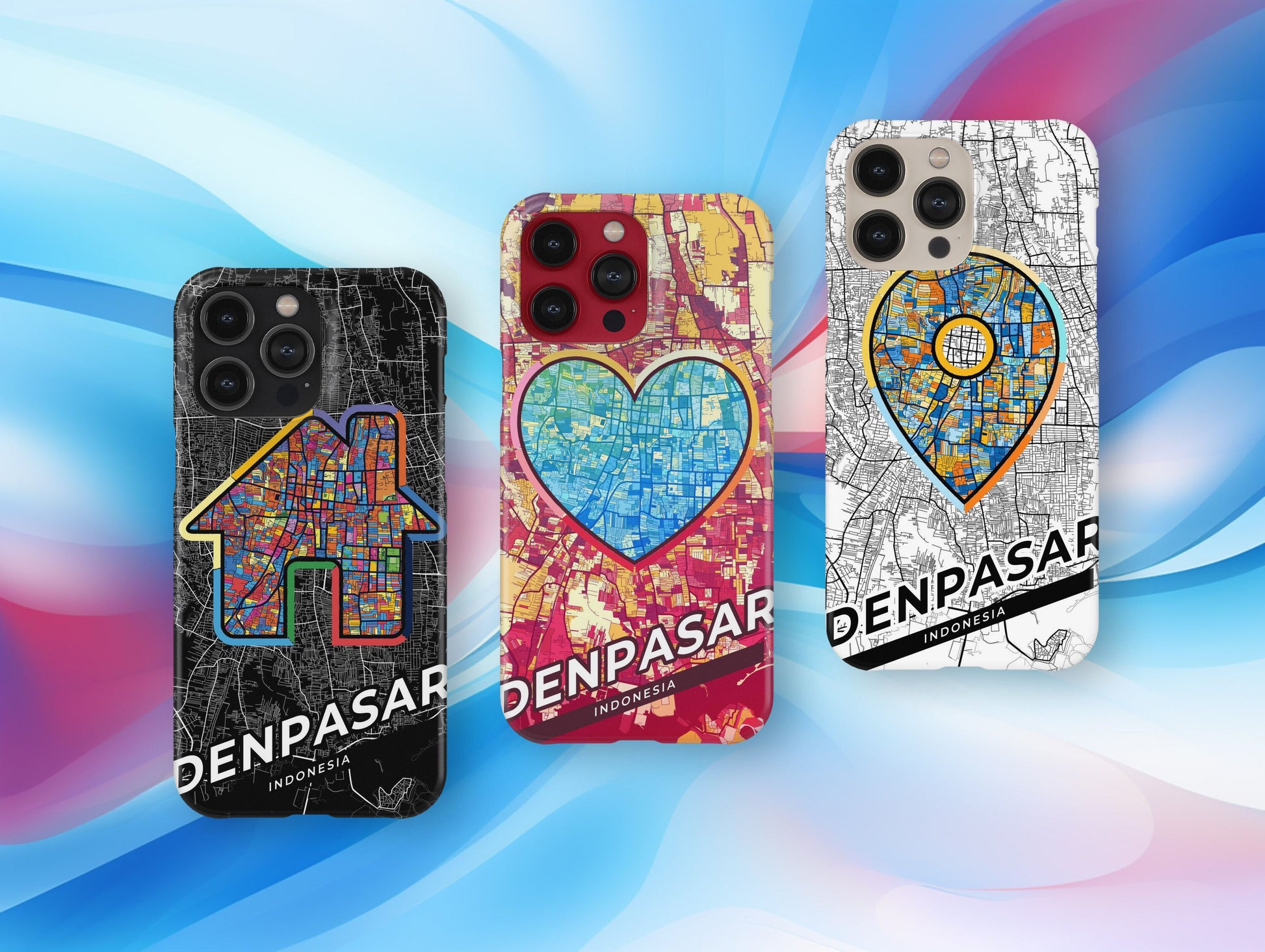 Denpasar Indonesia slim phone case with colorful icon. Birthday, wedding or housewarming gift. Couple match cases.