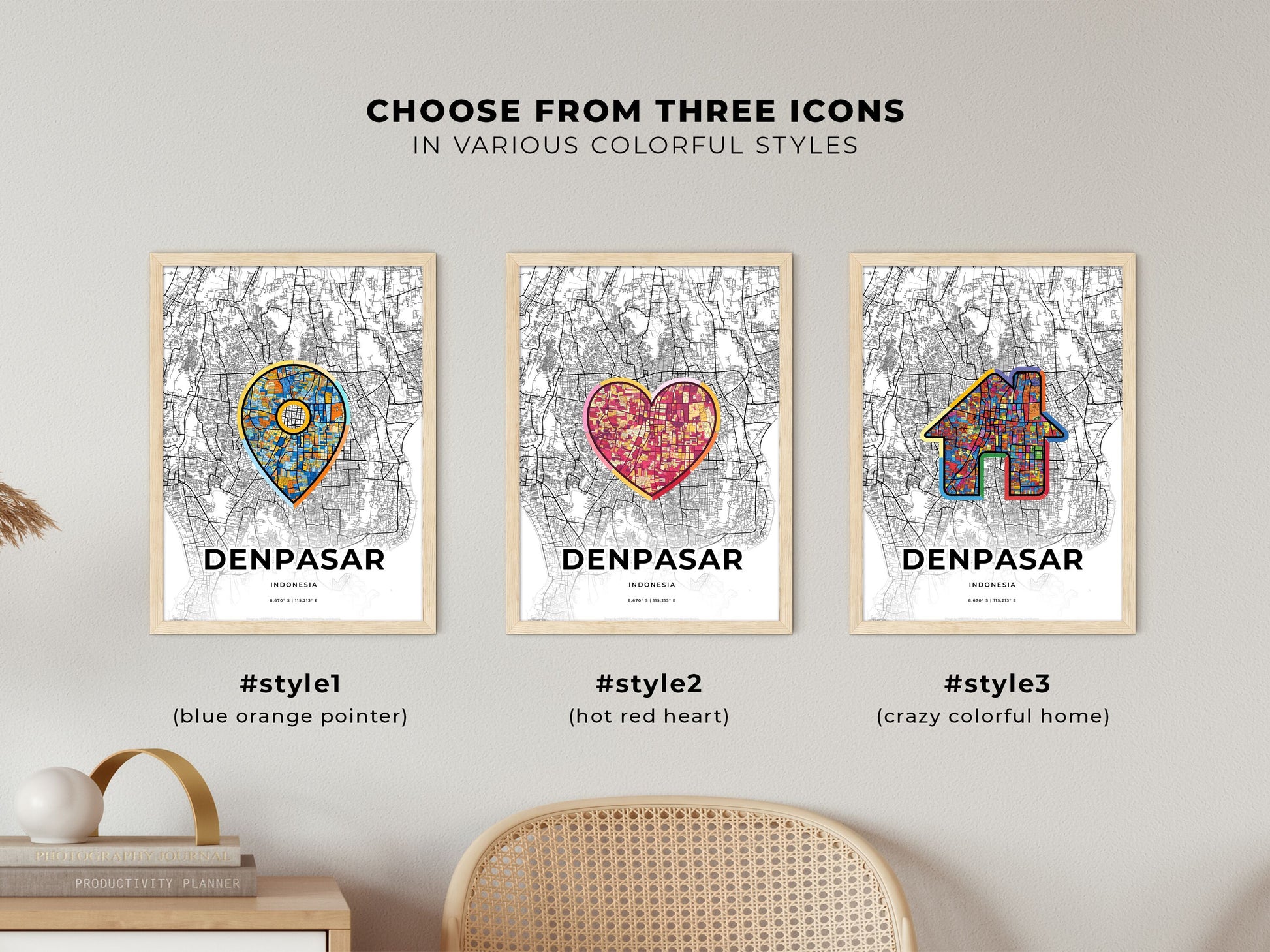 Denpasar Indonesia maps with colorful icons