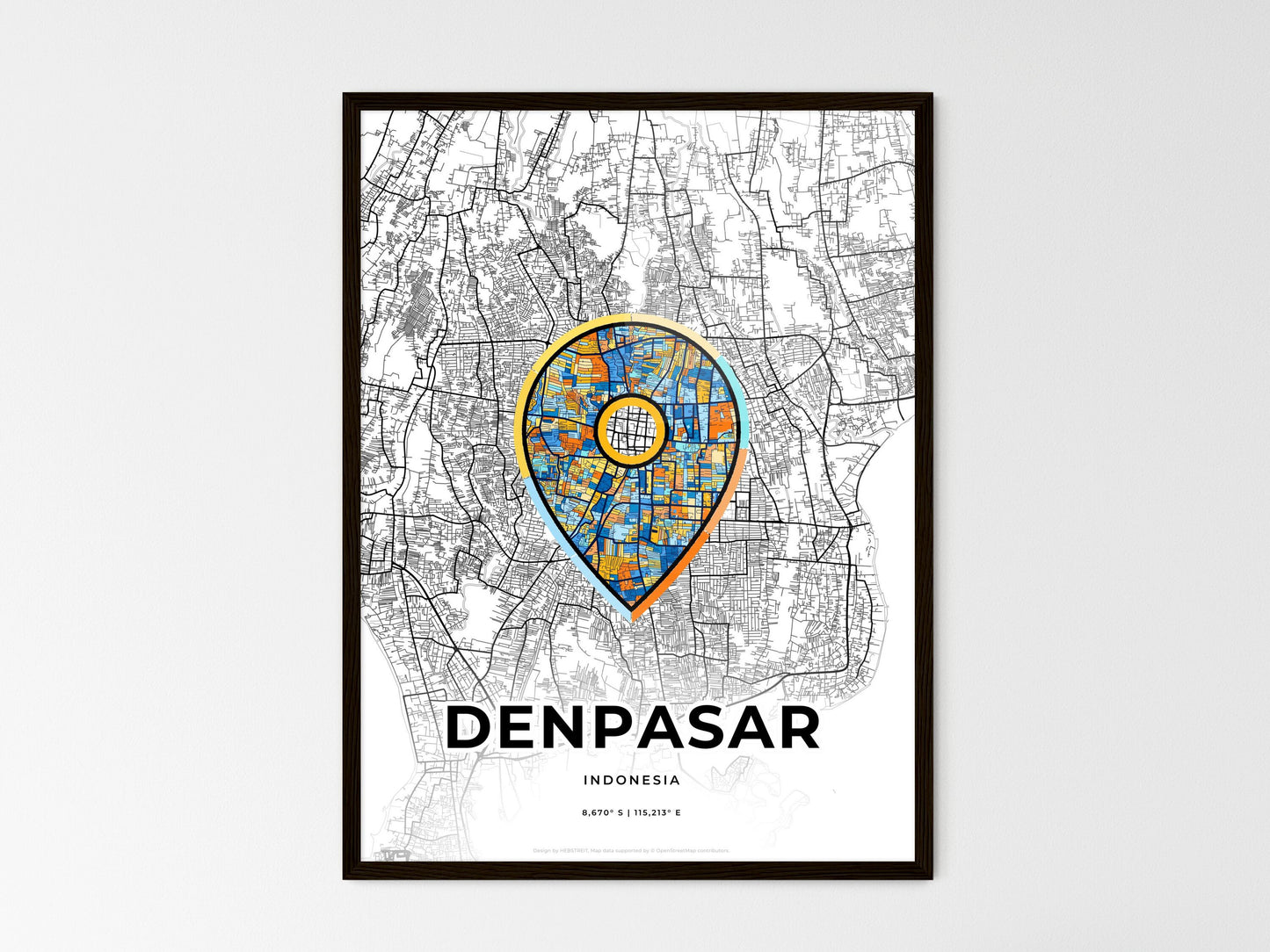 Denpasar Indonesia wedding art map with pointer icon