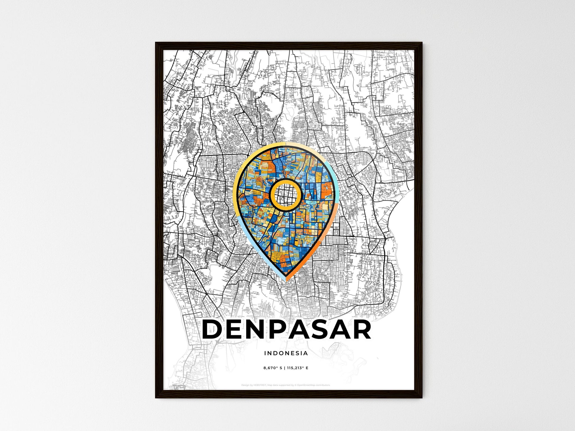 Denpasar Indonesia wedding art map with pointer icon