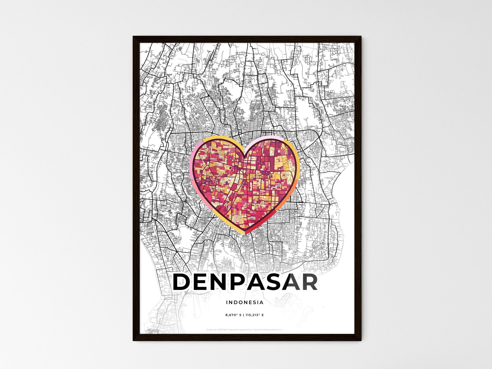 Denpasar Indonesia wedding art map with heart icon