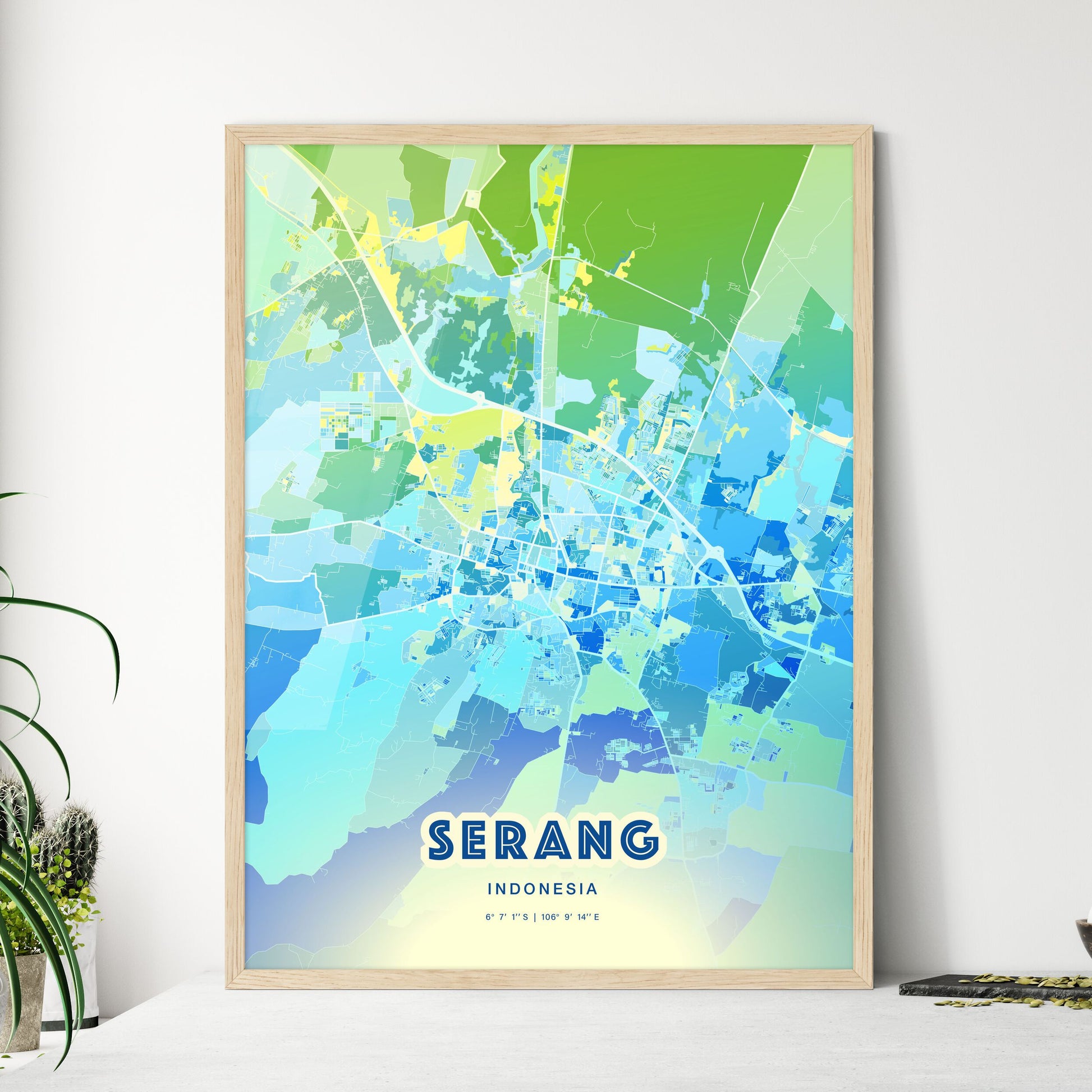 Colorful SERANG INDONESIA Fine Art Map Cool Blue