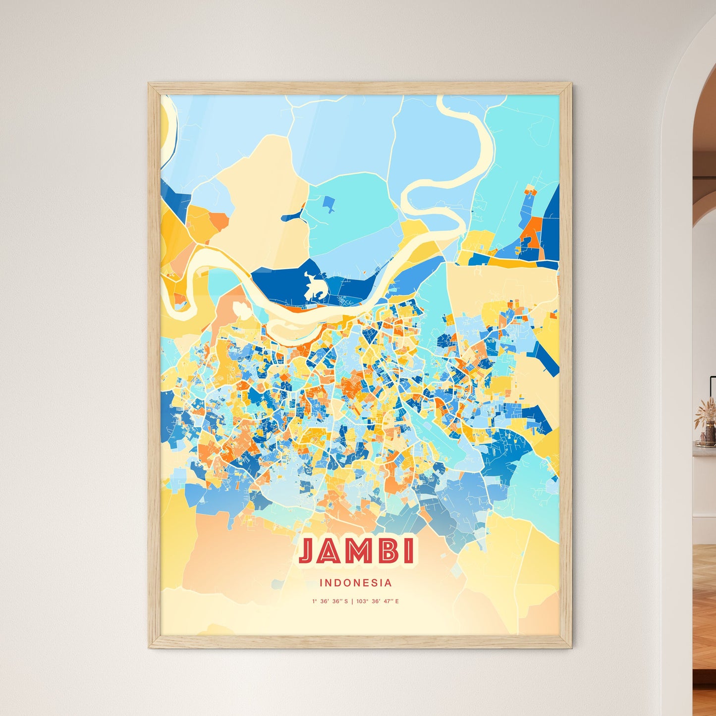 Colorful JAMBI INDONESIA Fine Art Map Blue Orange