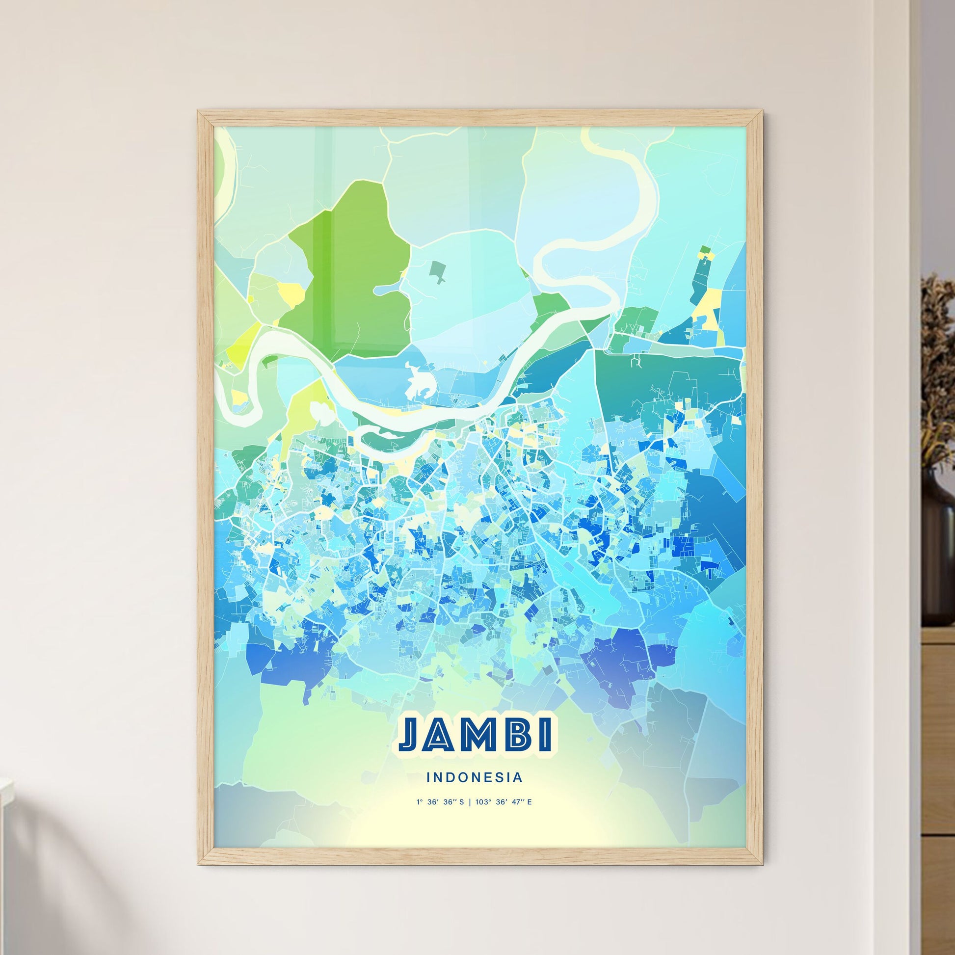 Colorful JAMBI INDONESIA Fine Art Map Cool Blue