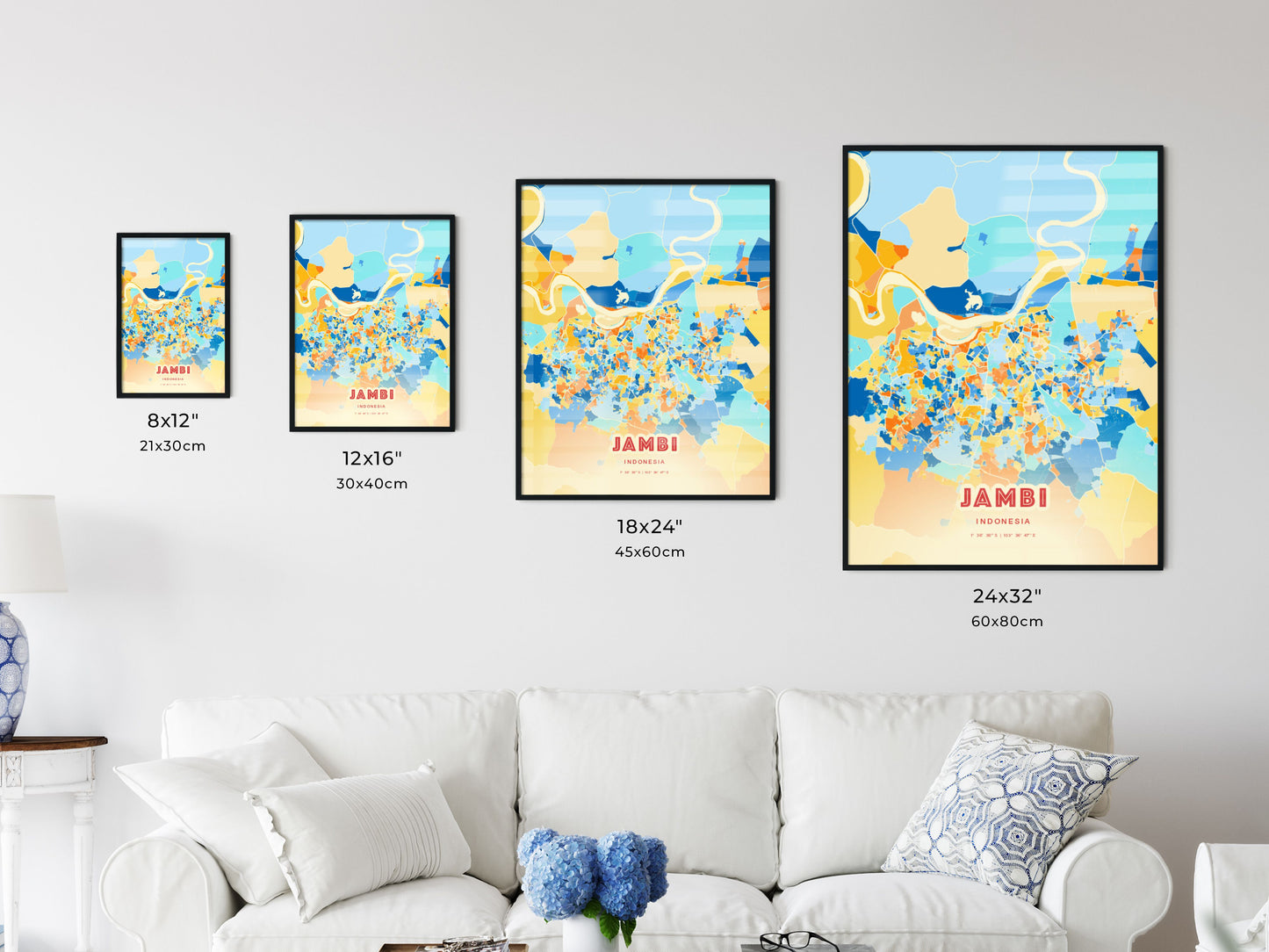 Colorful JAMBI INDONESIA Fine Art Map Blue Orange