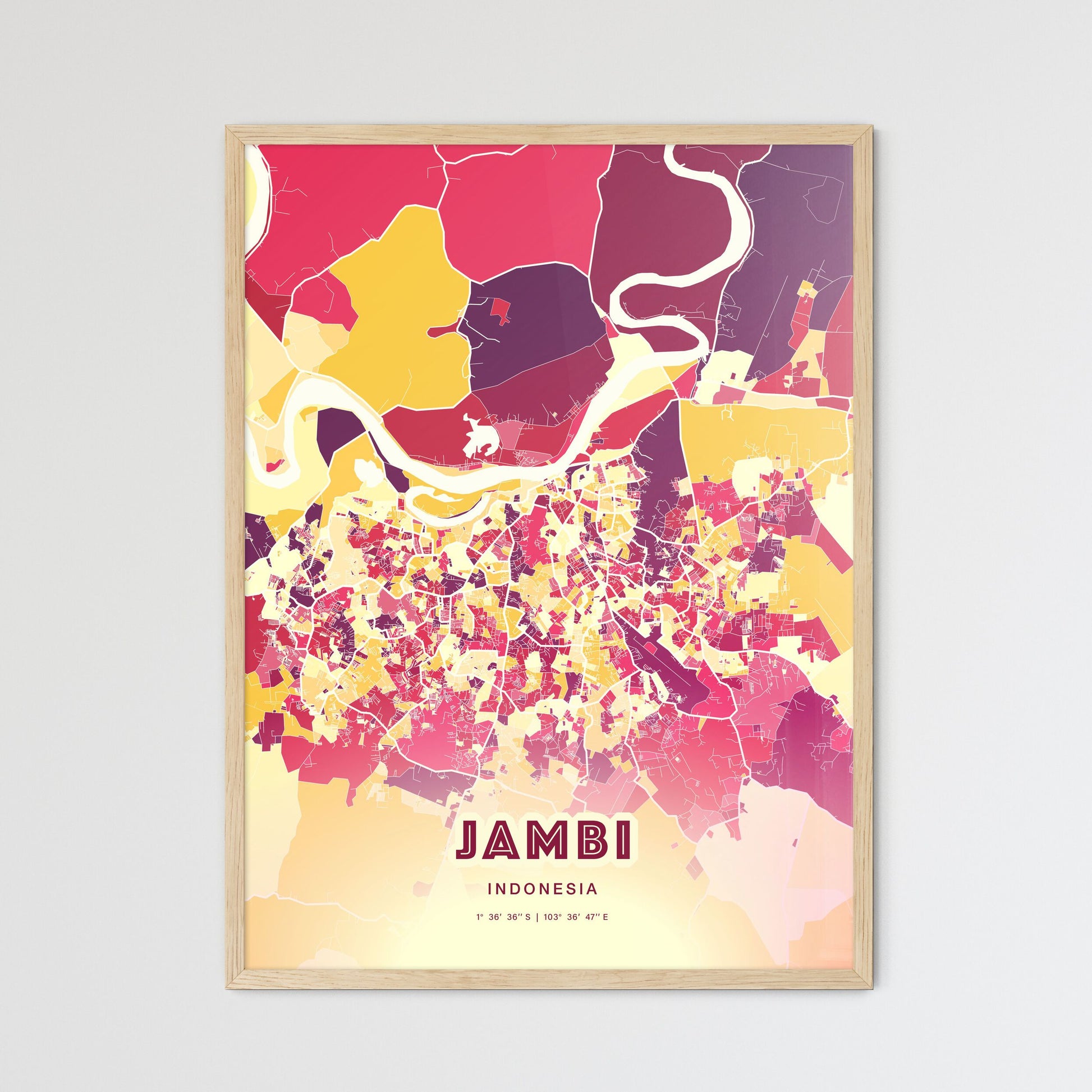 Colorful JAMBI INDONESIA Fine Art Map Hot Red