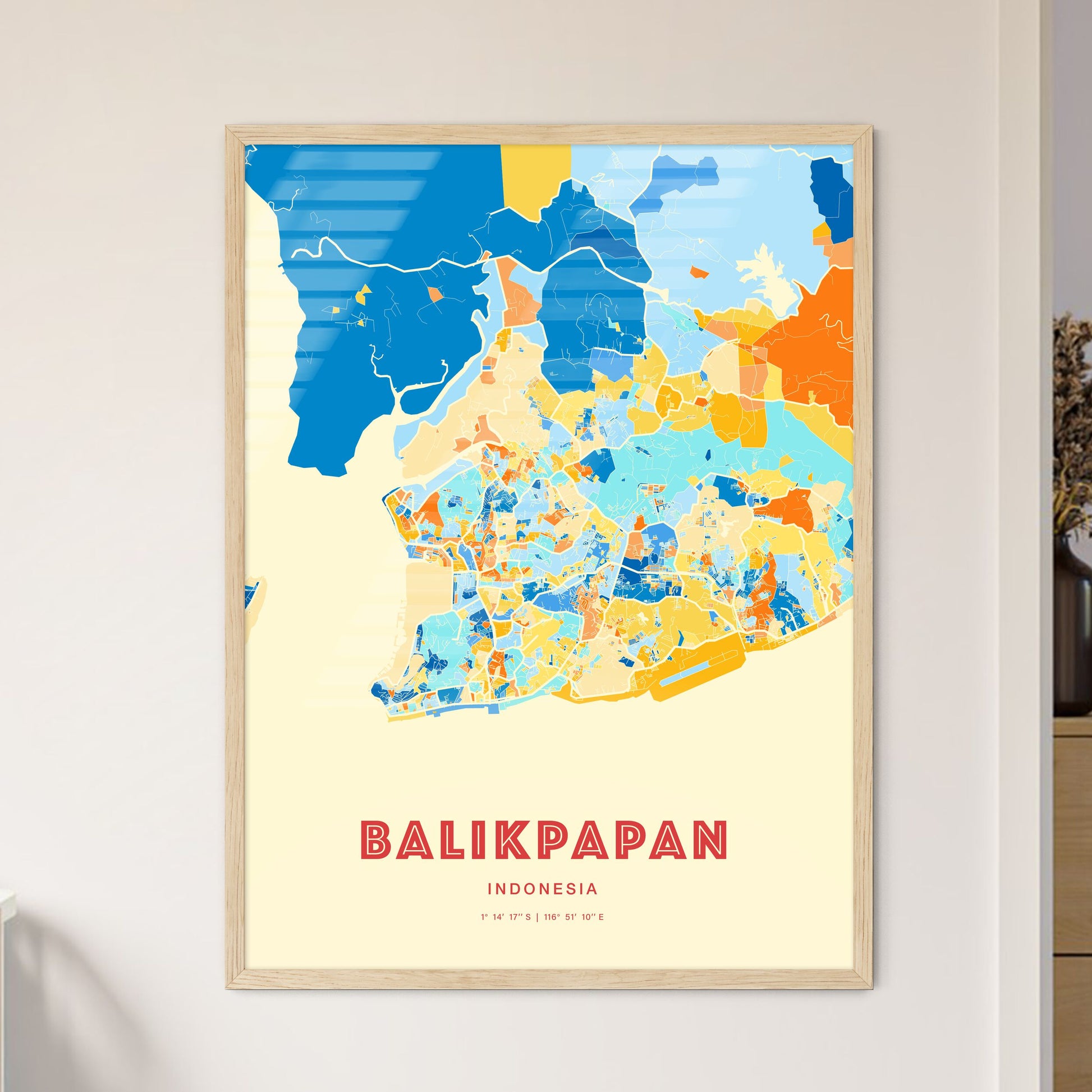 Colorful BALIKPAPAN INDONESIA Fine Art Map Blue Orange