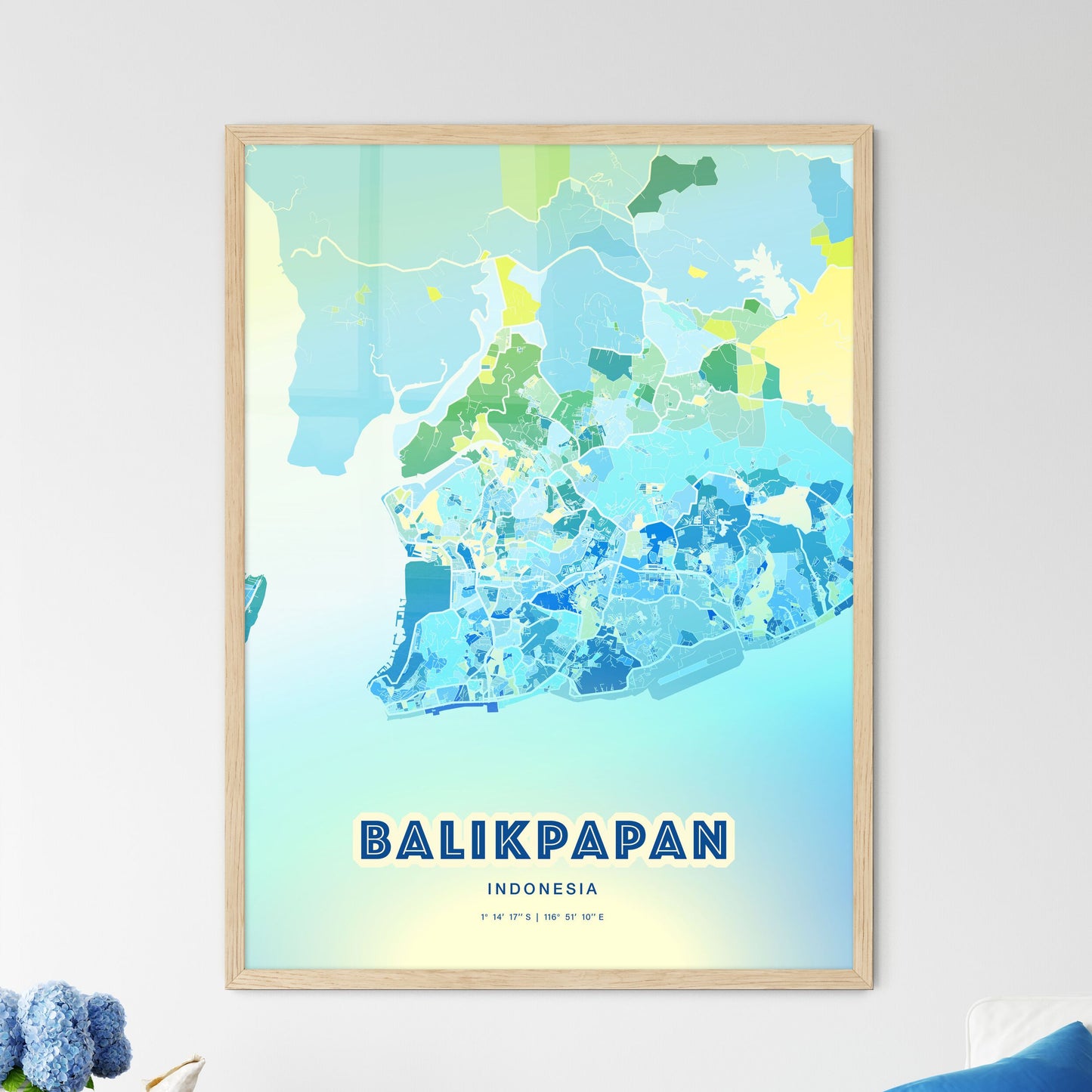 Colorful BALIKPAPAN INDONESIA Fine Art Map Cool Blue