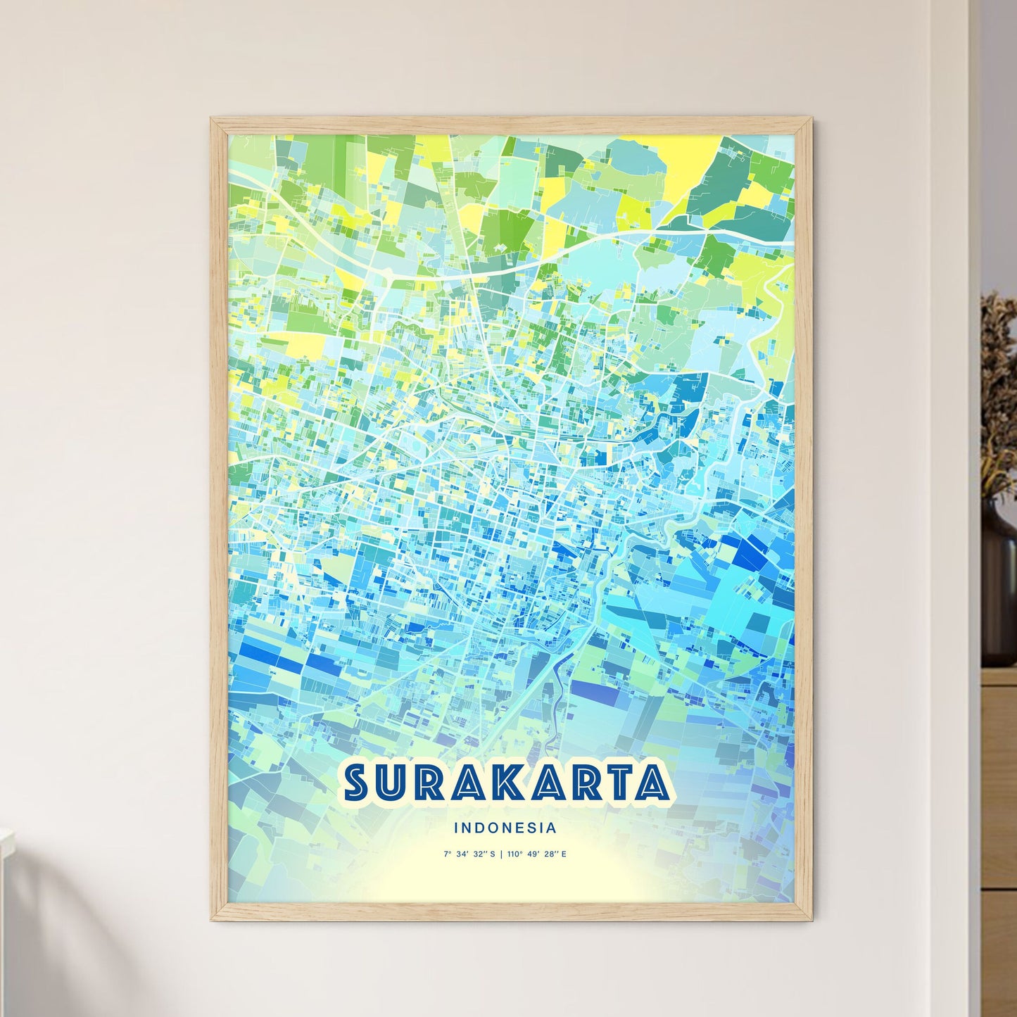 Colorful SURAKARTA INDONESIA Fine Art Map Cool Blue