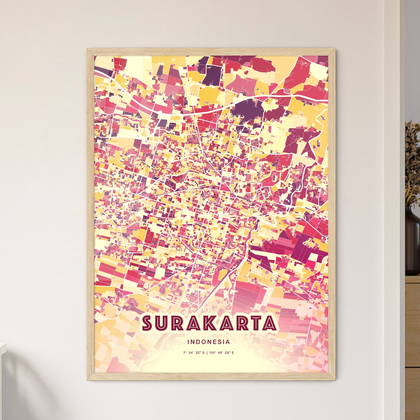 Colorful SURAKARTA INDONESIA Fine Art Map Hot Red