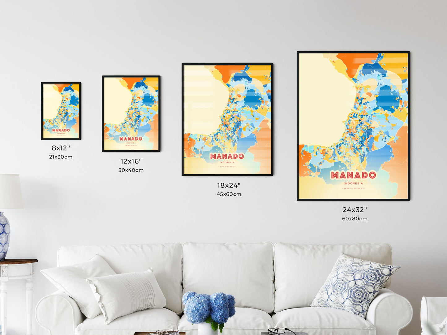 Colorful MANADO INDONESIA Fine Art Map Blue Orange