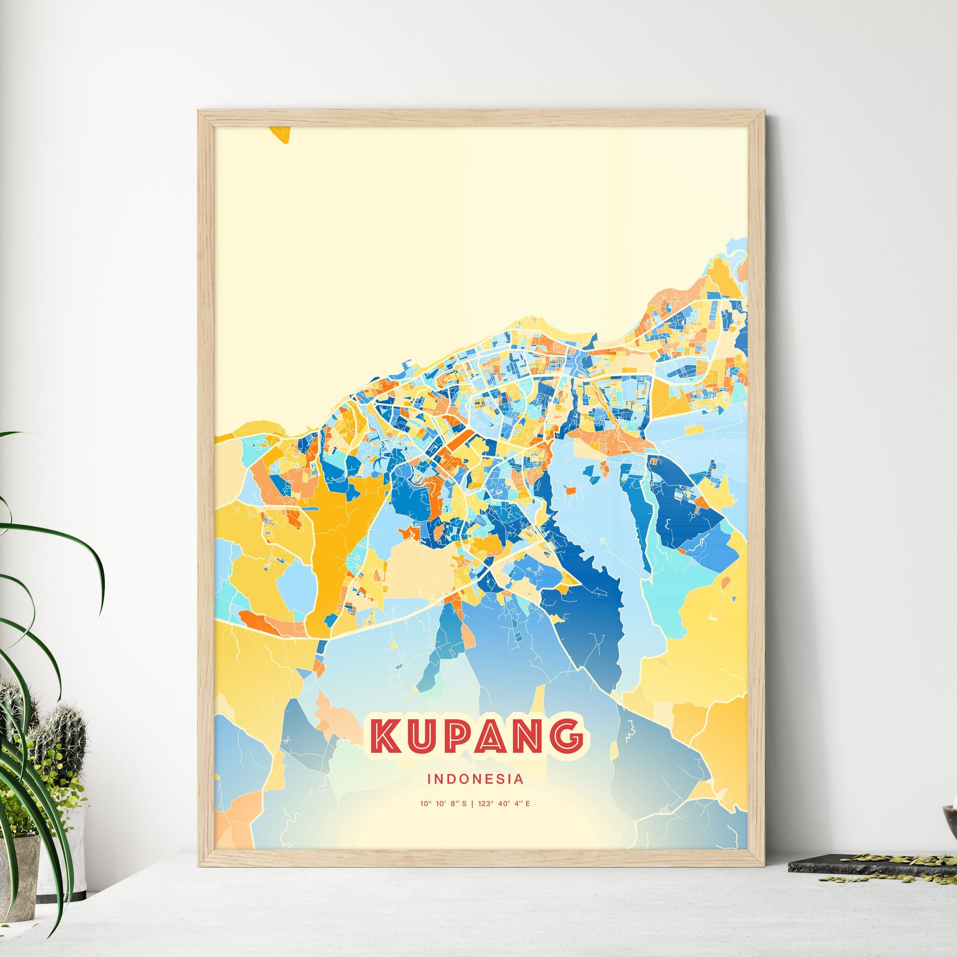 Colorful KUPANG INDONESIA Fine Art Map Blue Orange