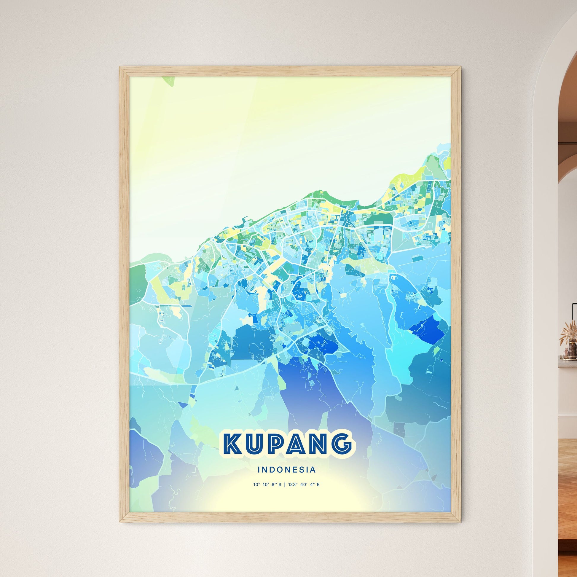 Colorful KUPANG INDONESIA Fine Art Map Cool Blue