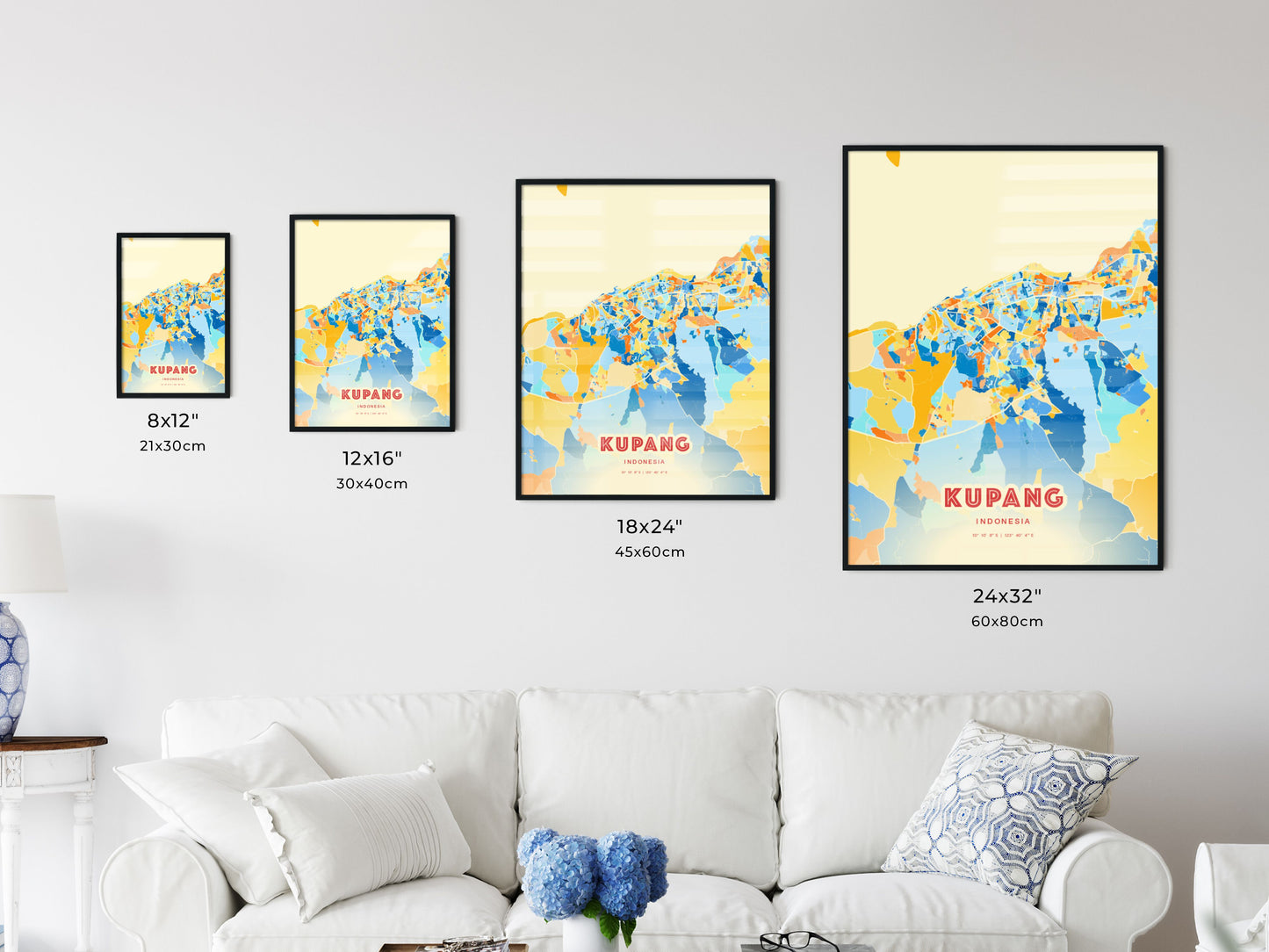 Colorful KUPANG INDONESIA Fine Art Map Blue Orange