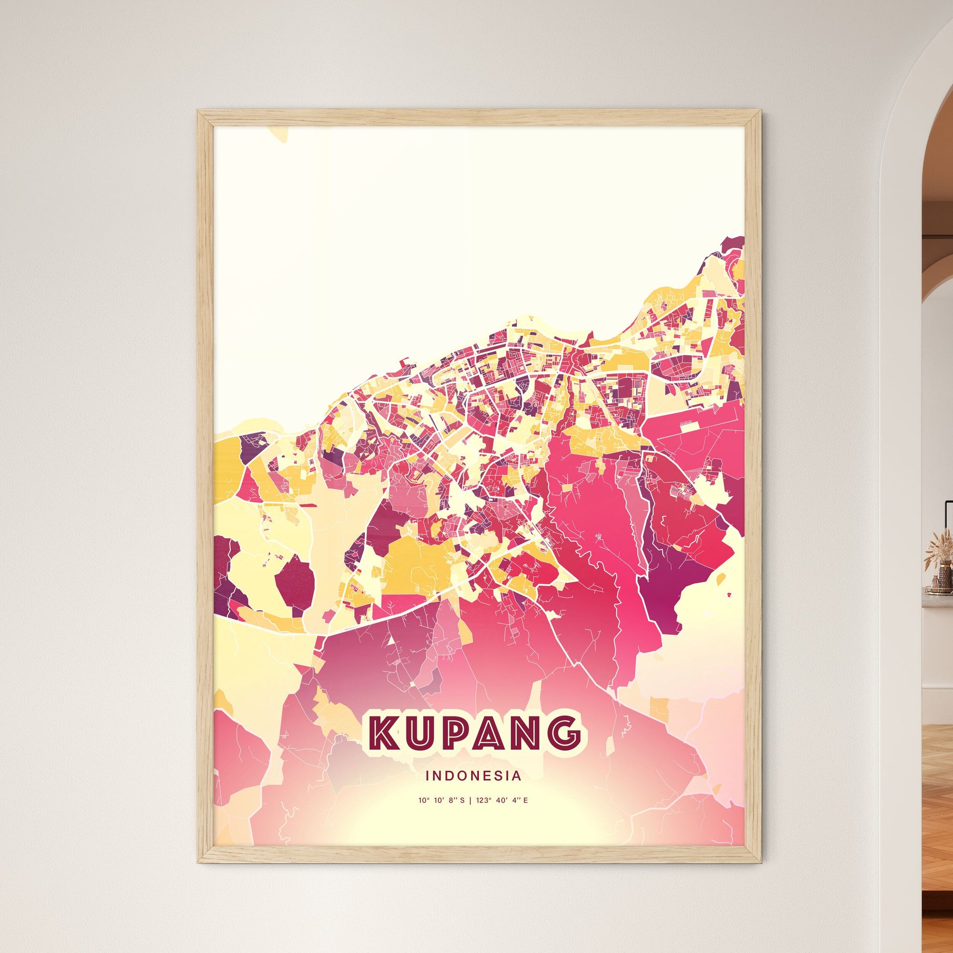 Colorful KUPANG INDONESIA Fine Art Map Hot Red