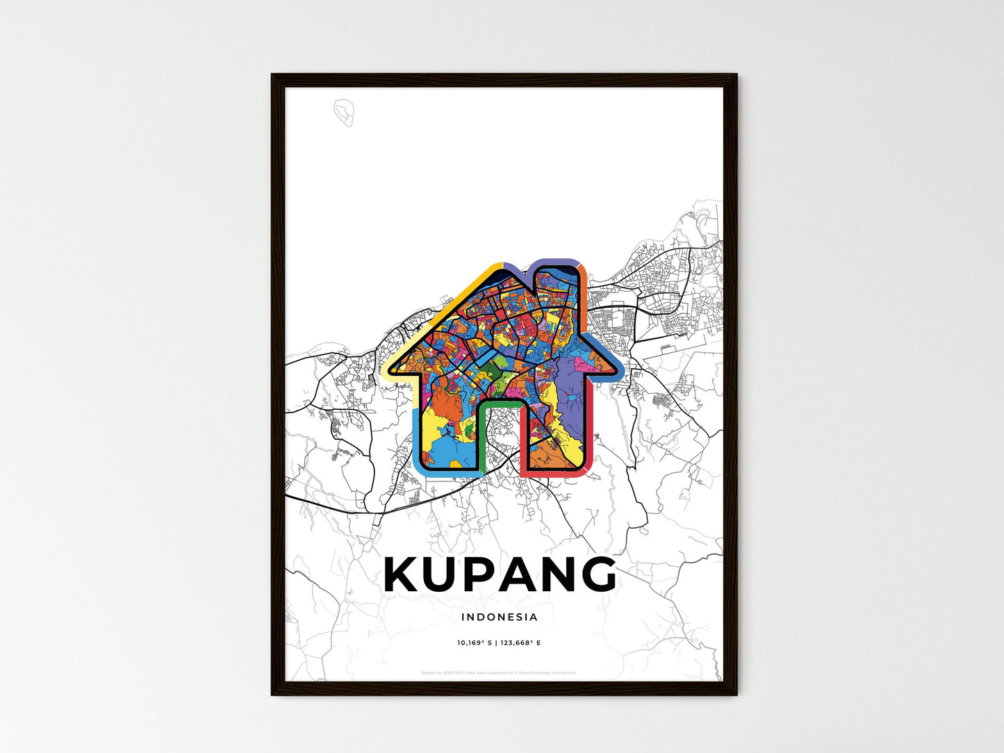 KUPANG INDONESIA minimal art map with a colorful icon. Where it all began, Couple map gift. Style 3