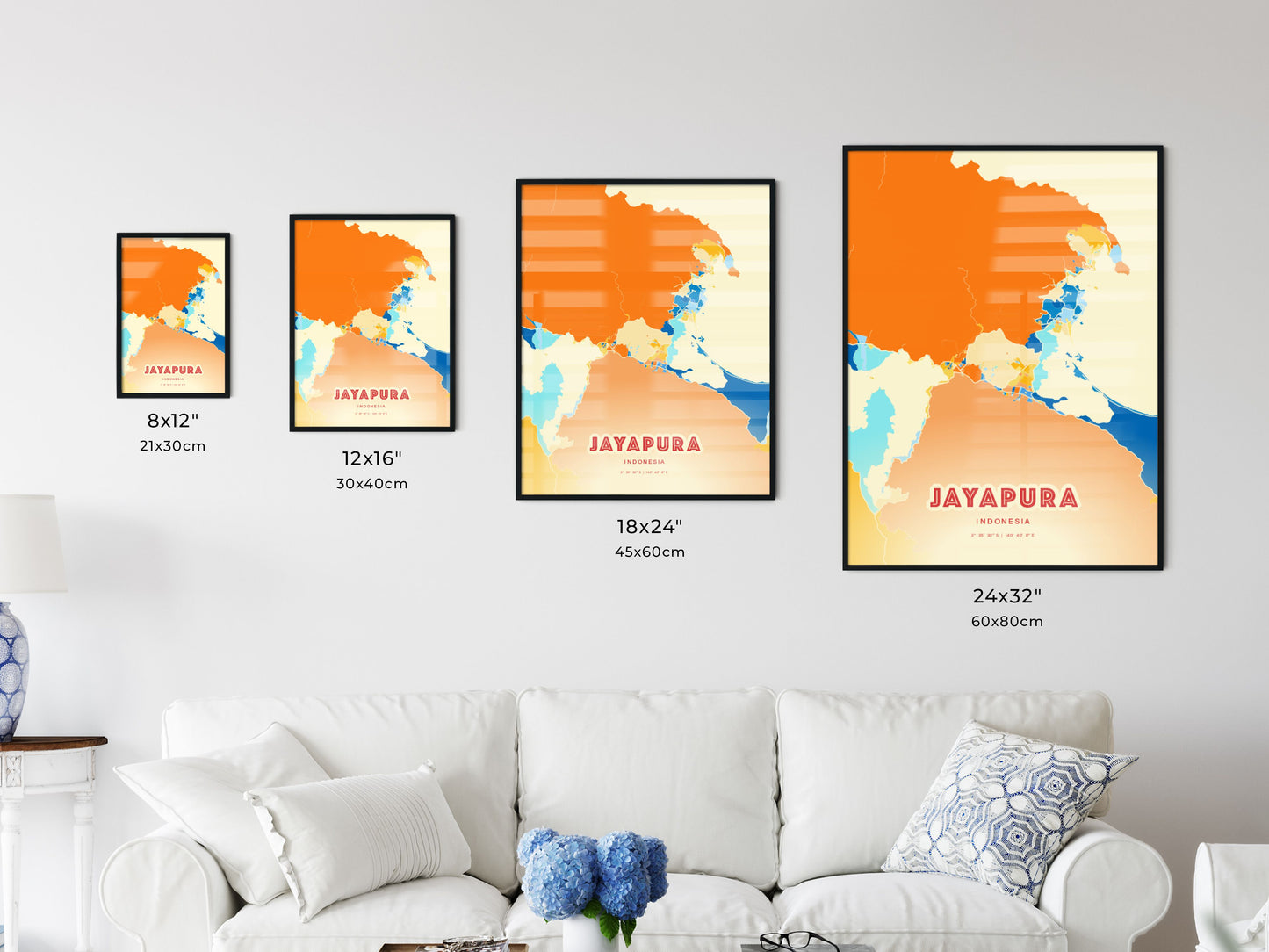 Colorful JAYAPURA INDONESIA Fine Art Map Blue Orange