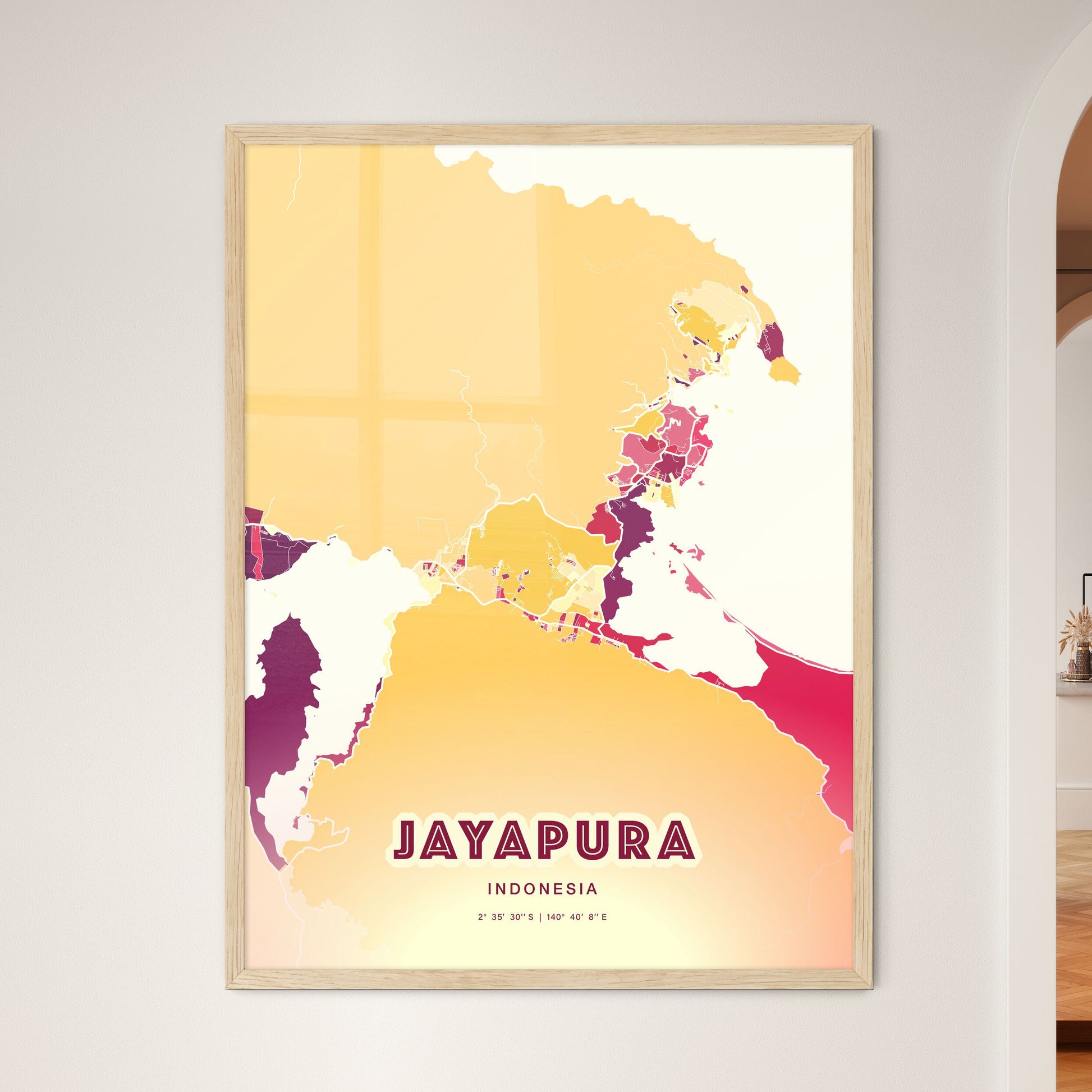 Colorful JAYAPURA INDONESIA Fine Art Map Hot Red