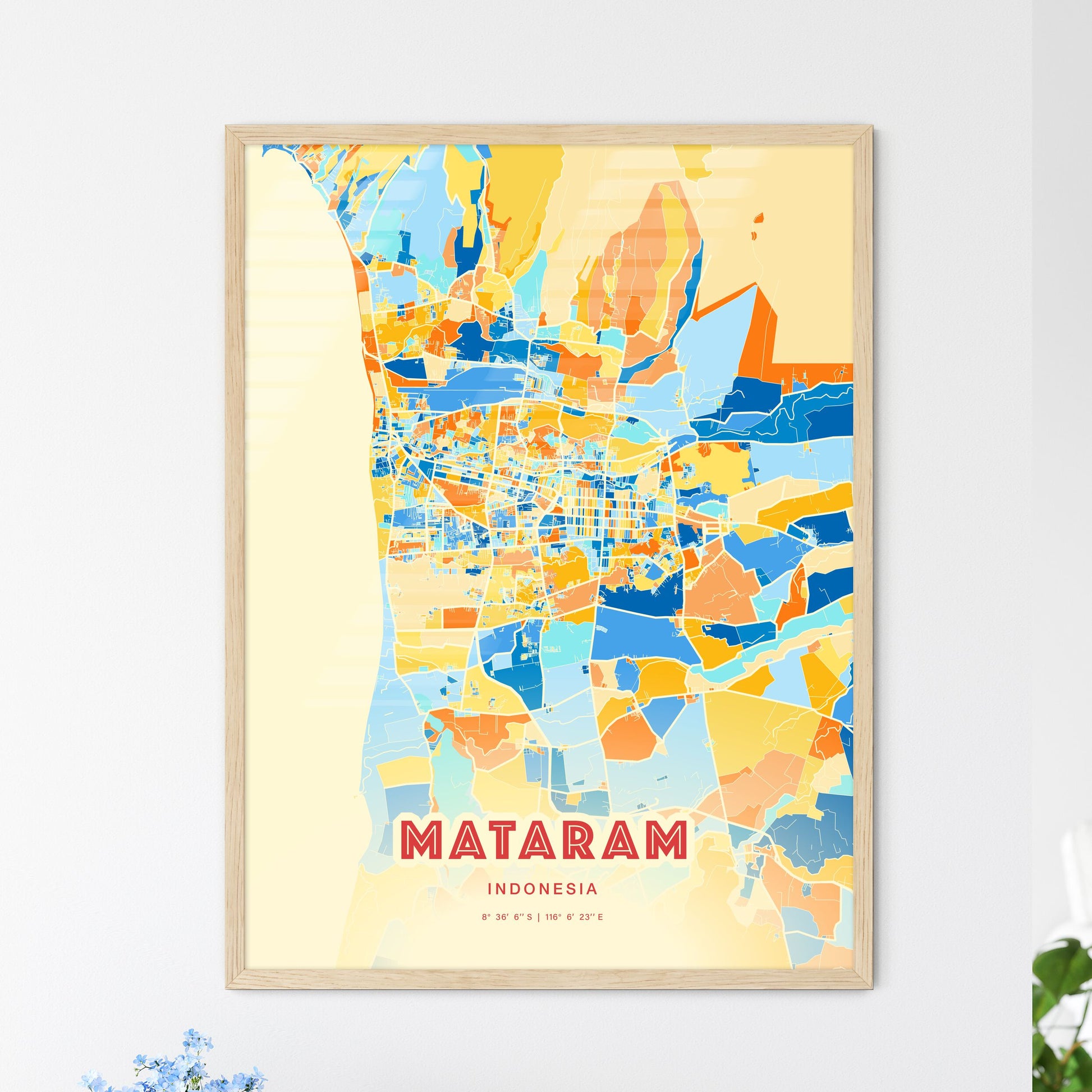 Colorful MATARAM INDONESIA Fine Art Map Blue Orange