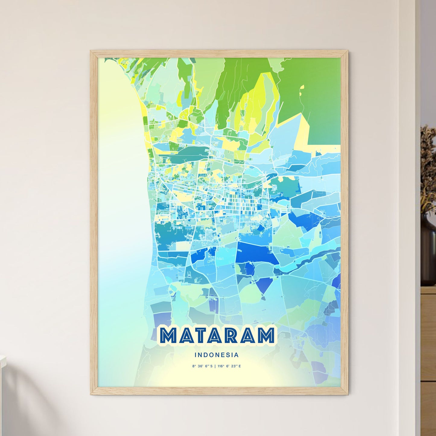 Colorful MATARAM INDONESIA Fine Art Map Cool Blue