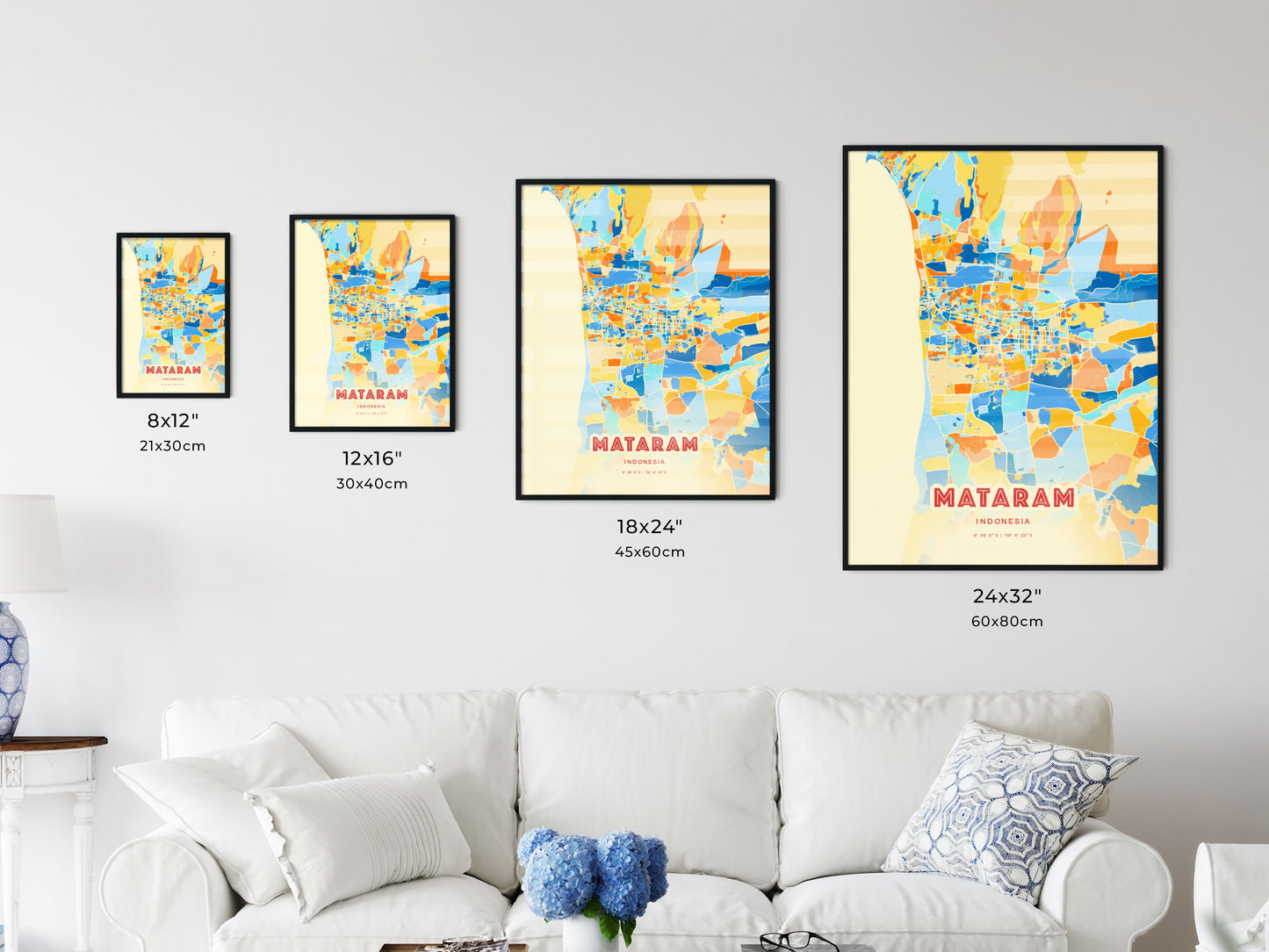 Colorful MATARAM INDONESIA Fine Art Map Blue Orange