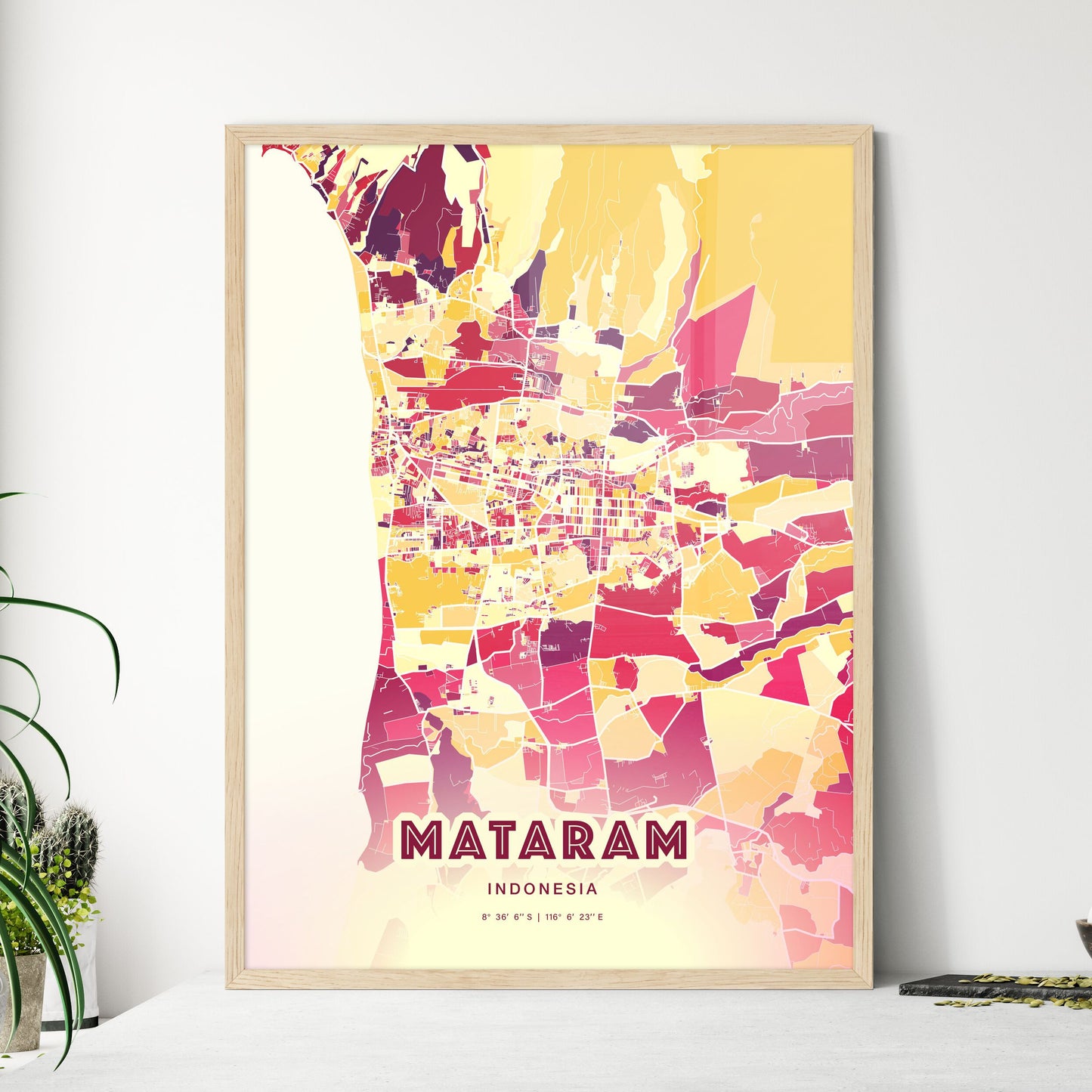 Colorful MATARAM INDONESIA Fine Art Map Hot Red