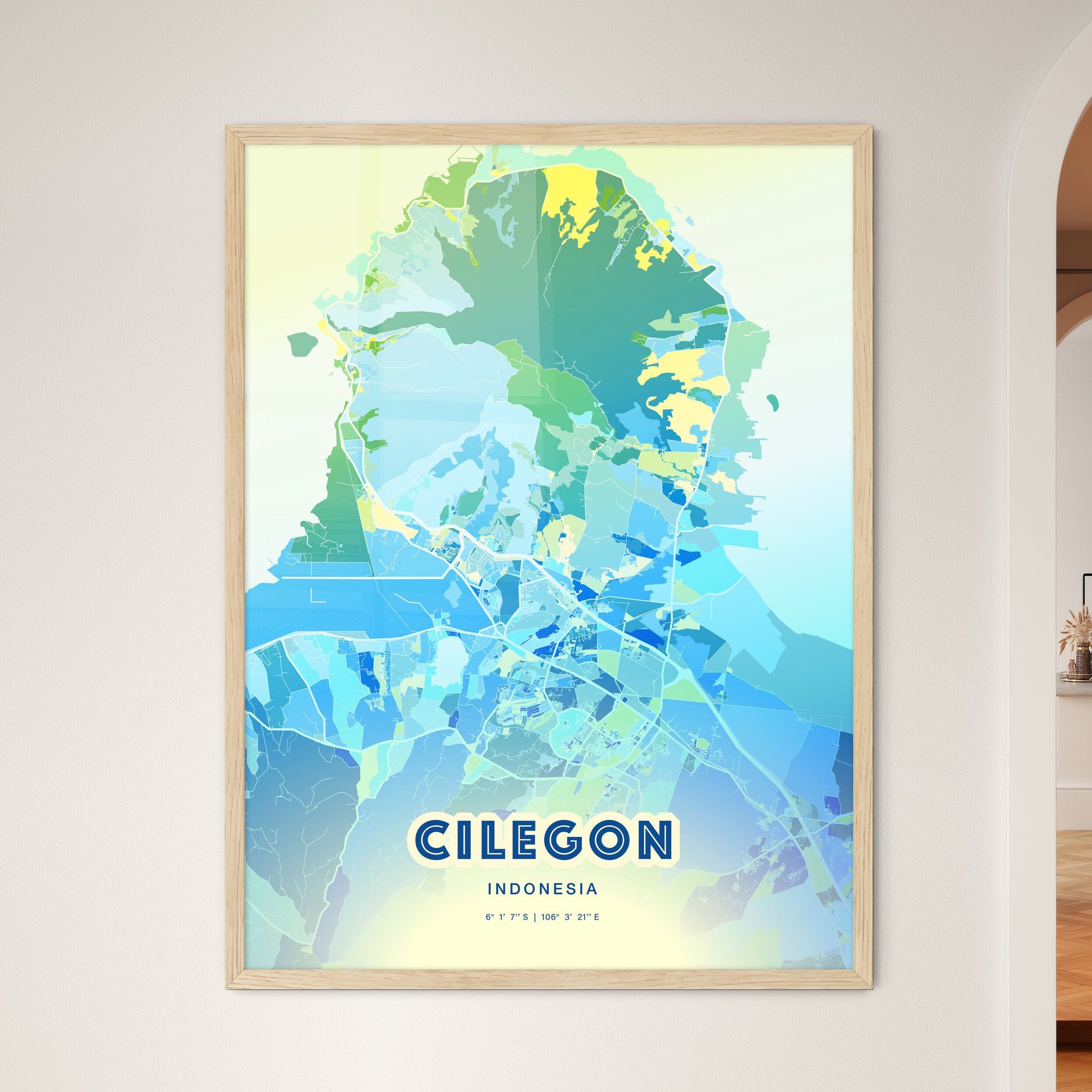 Colorful CILEGON INDONESIA Fine Art Map Cool Blue