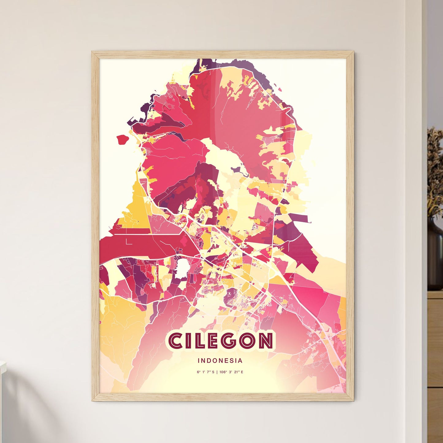 Colorful CILEGON INDONESIA Fine Art Map Hot Red