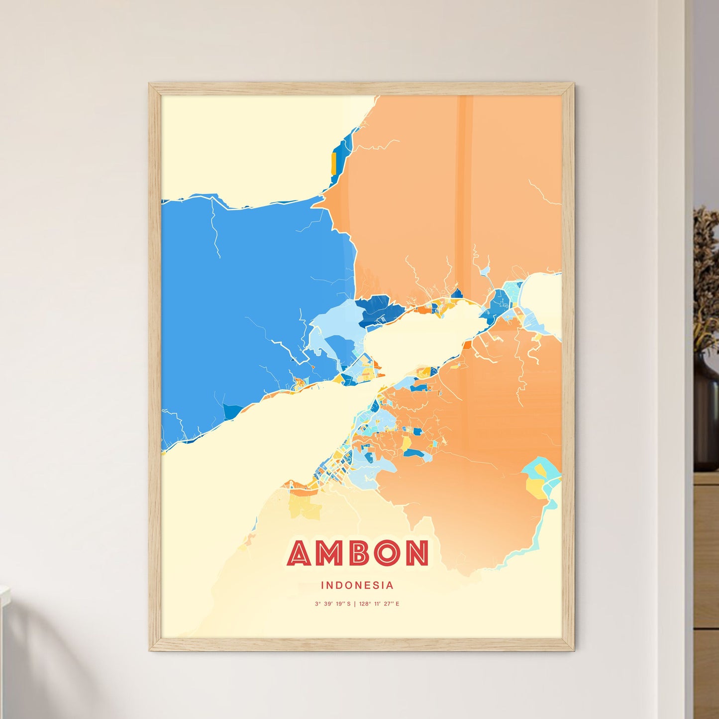 Colorful AMBON INDONESIA Fine Art Map Blue Orange