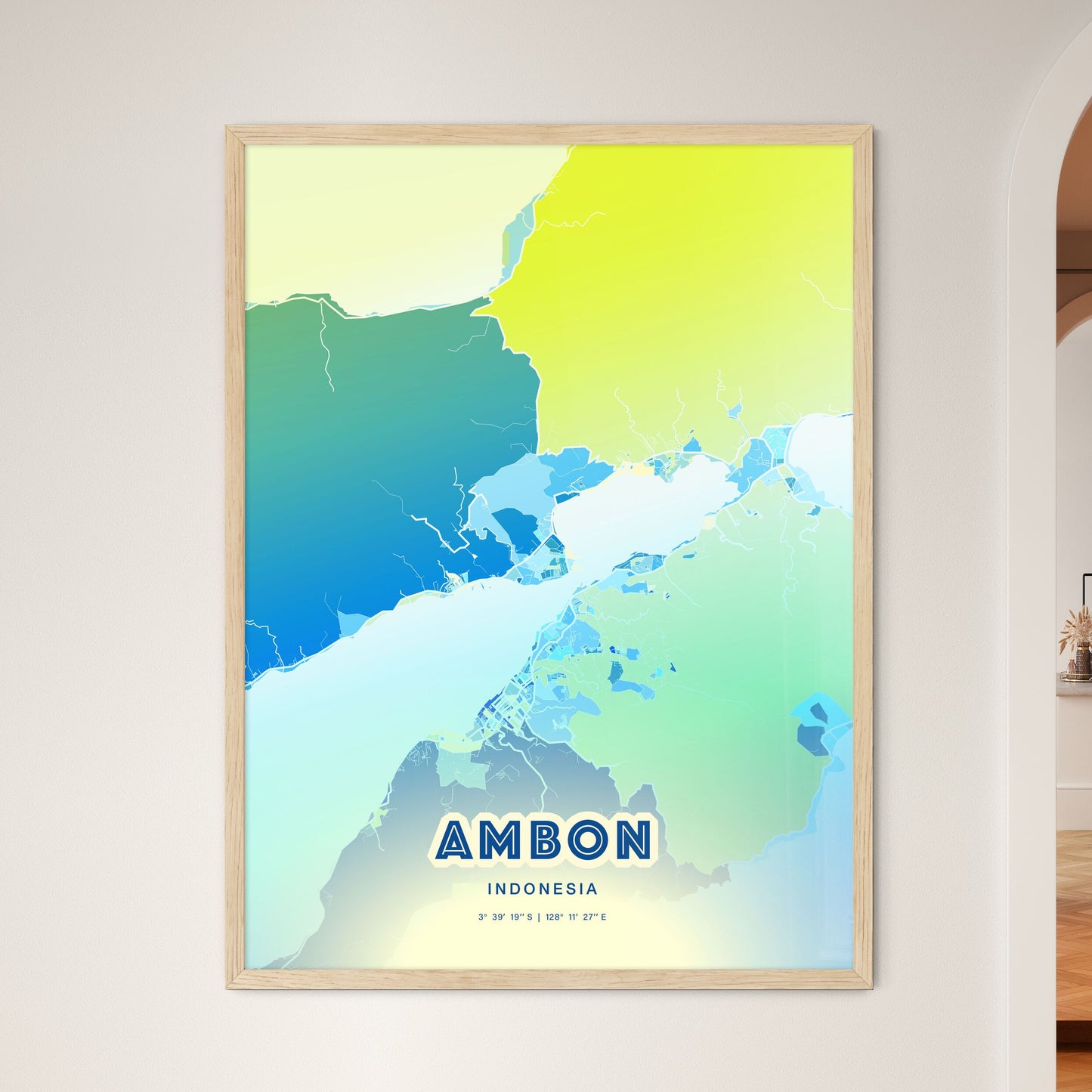 Colorful AMBON INDONESIA Fine Art Map Cool Blue