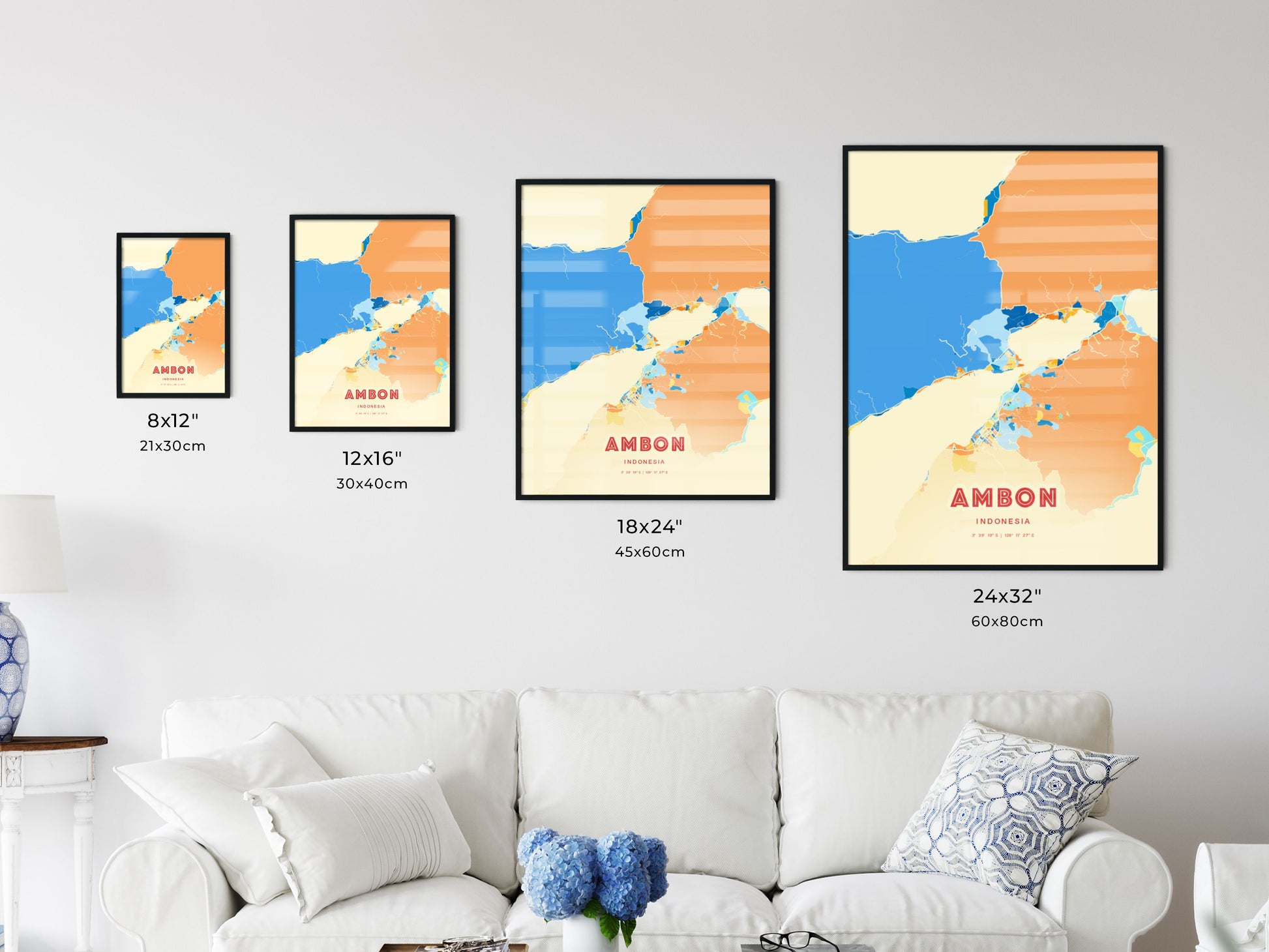 Colorful AMBON INDONESIA Fine Art Map Blue Orange