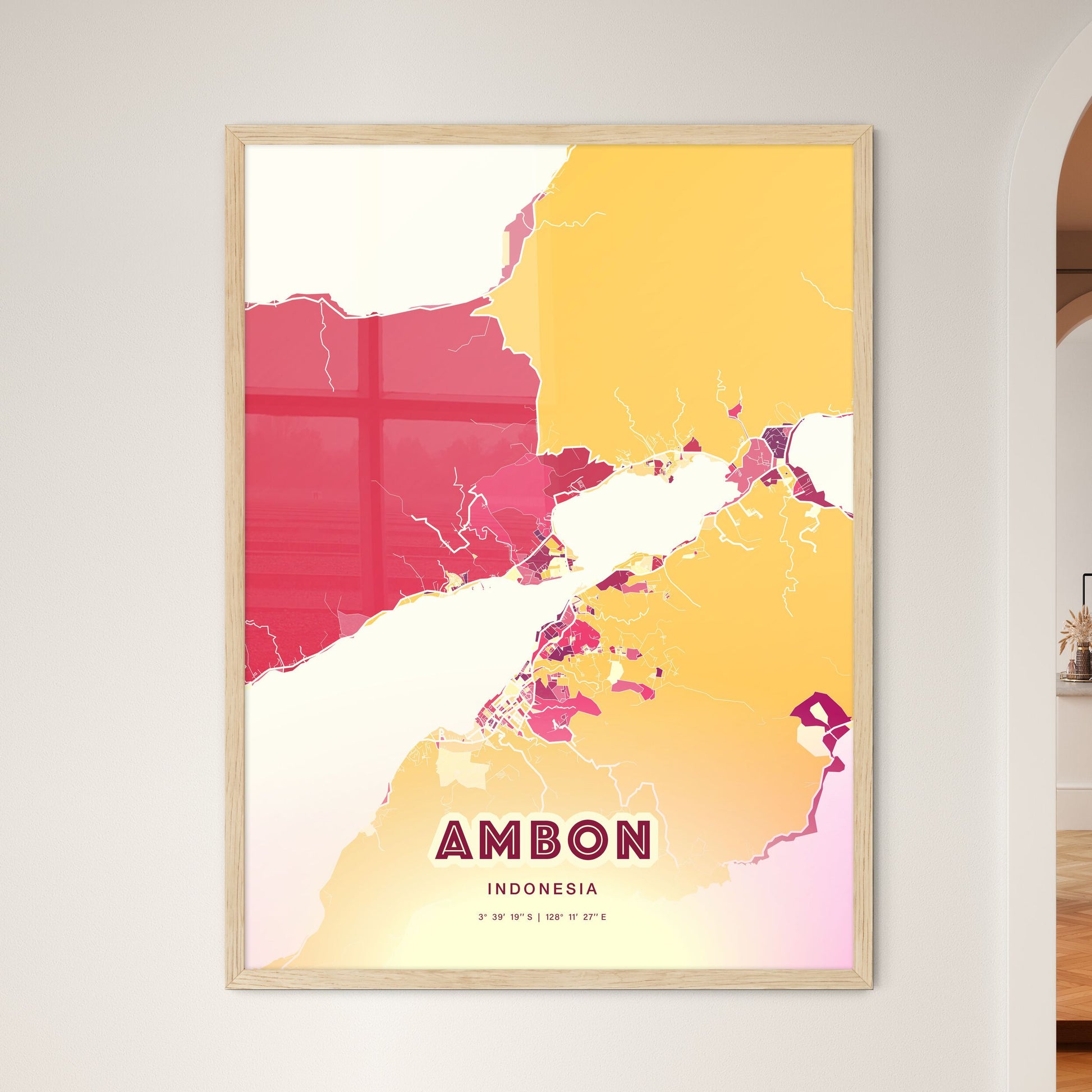 Colorful AMBON INDONESIA Fine Art Map Hot Red