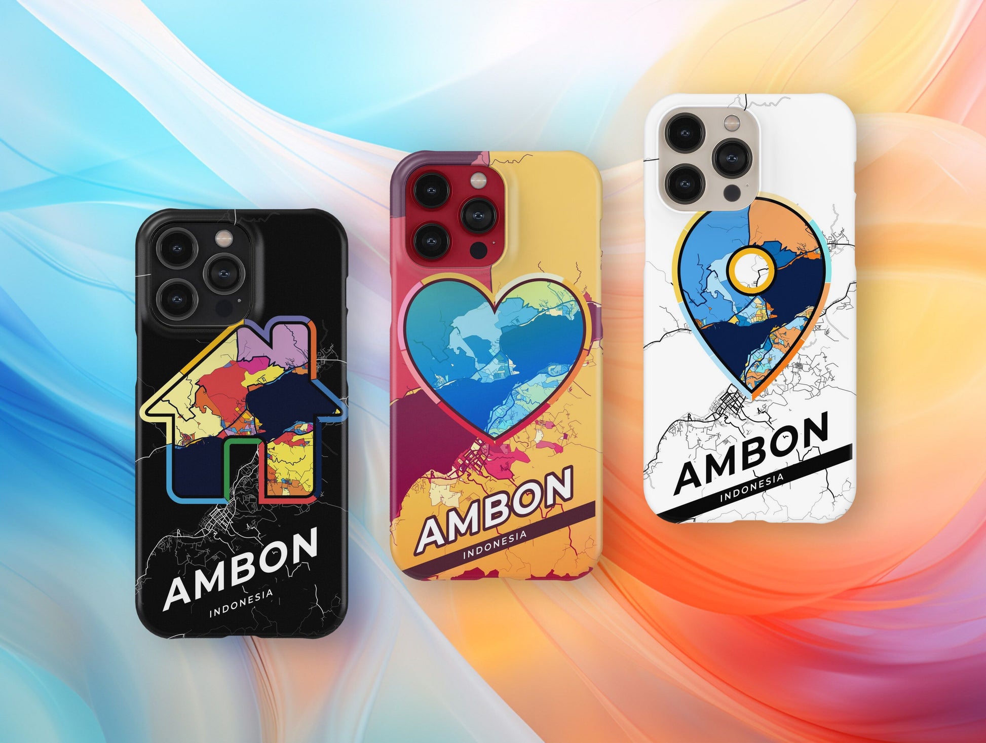 Ambon Indonesia slim phone case with colorful icon. Birthday, wedding or housewarming gift. Couple match cases.