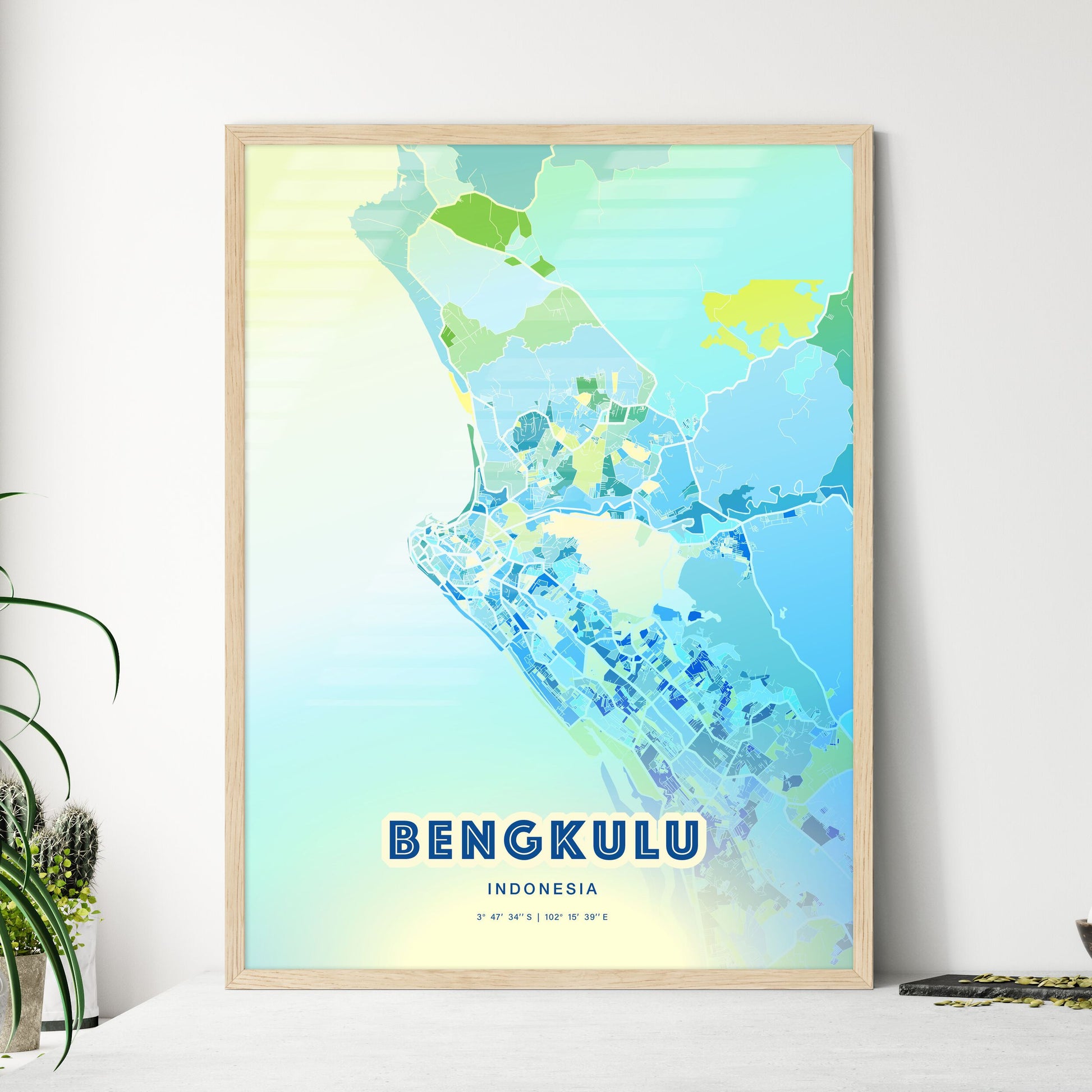 Colorful BENGKULU INDONESIA Fine Art Map Cool Blue